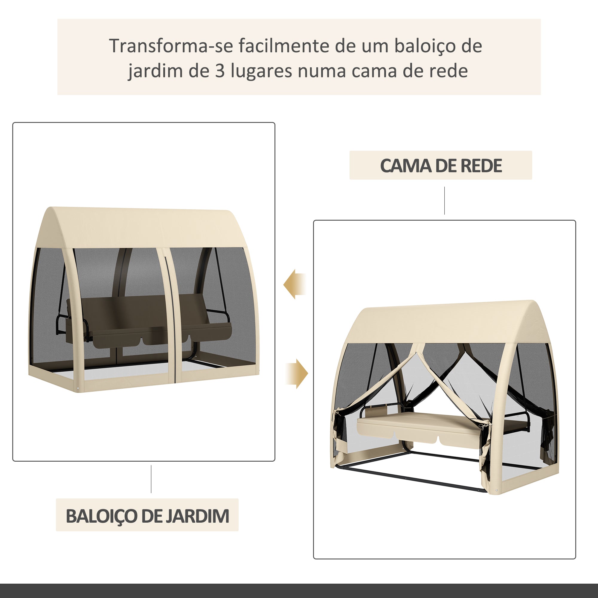 Baloiço de Jardim 3 Lugares Convertível em Cama 240x140x197 cm - Creme Branco