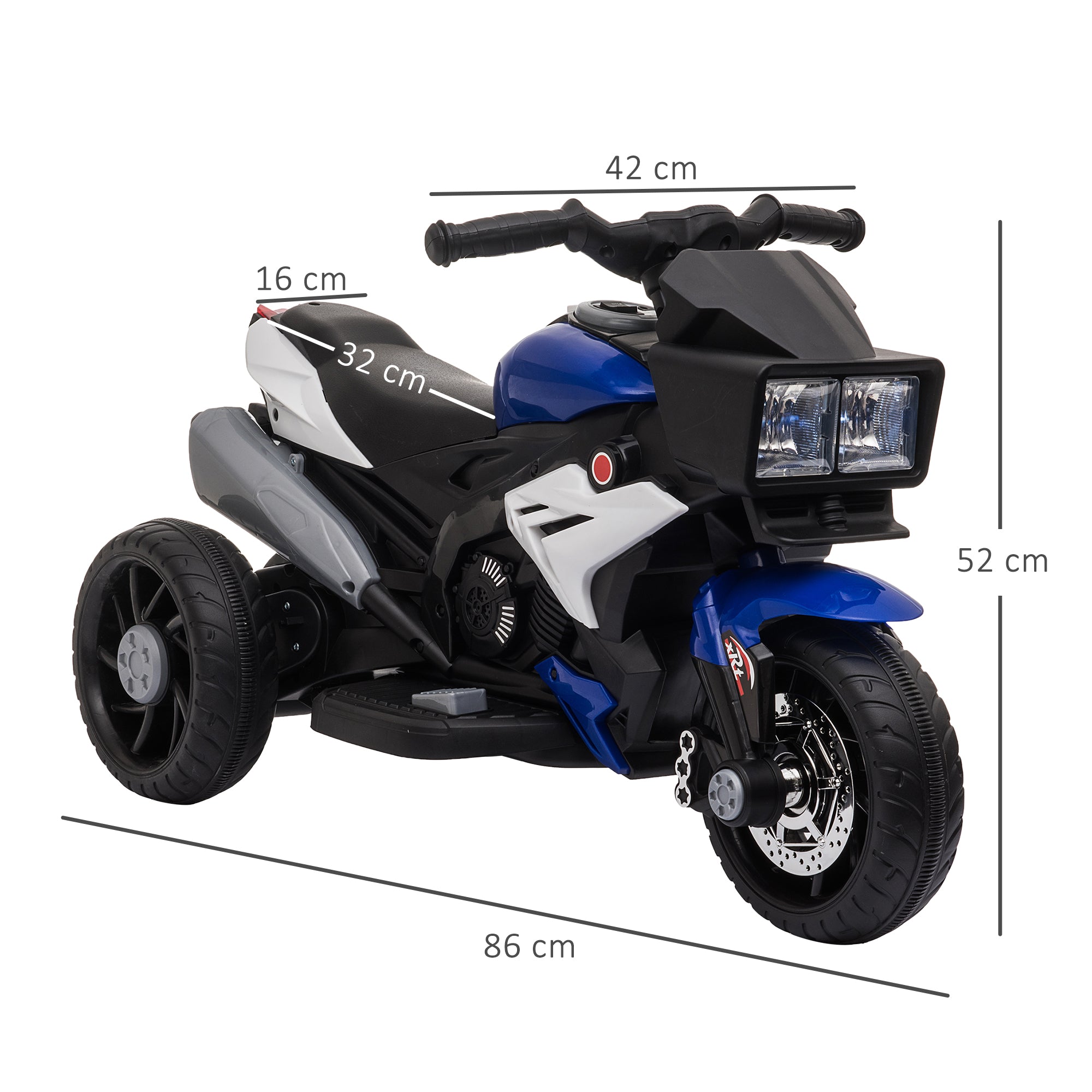 Triciclo Infantil Elétrico com 3 Rodas 86x42x52cm Azul e Preto