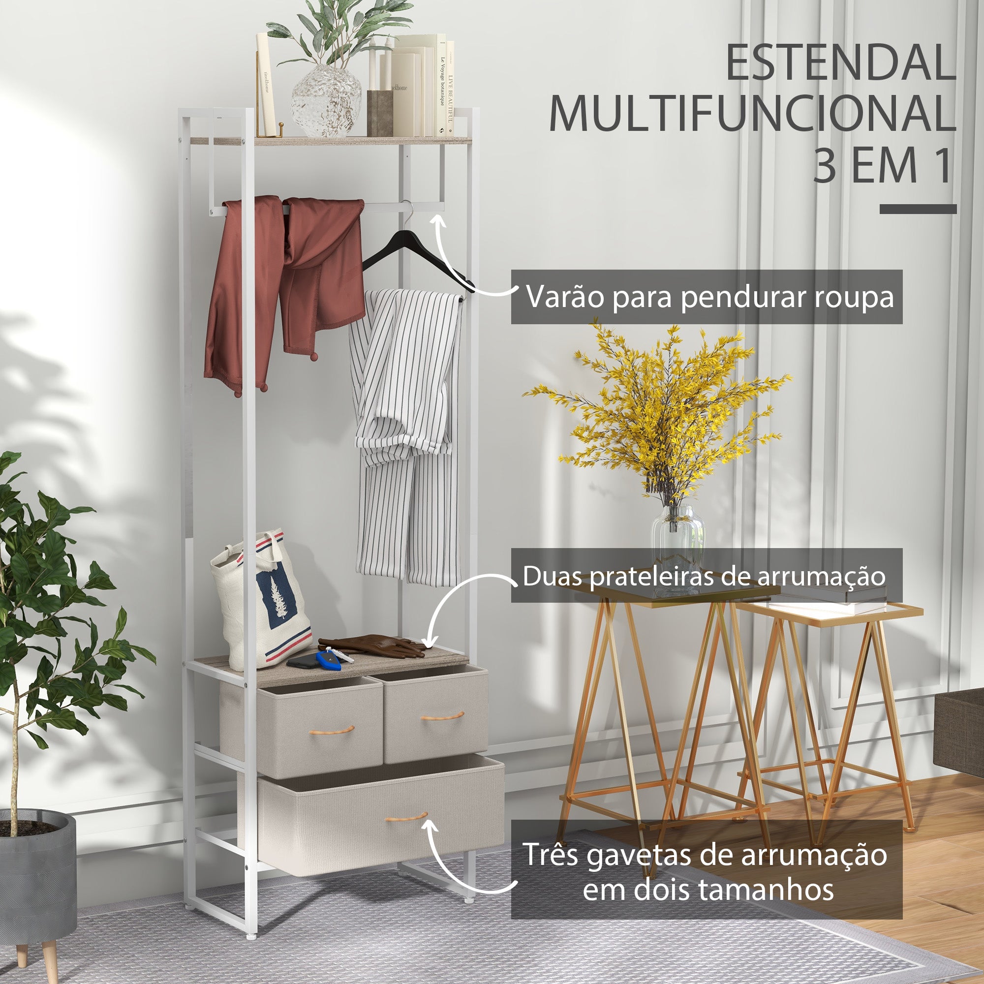 Suporte para Cabides com 3 Gavetas em Tecido Natural 58,5x30x178 cm