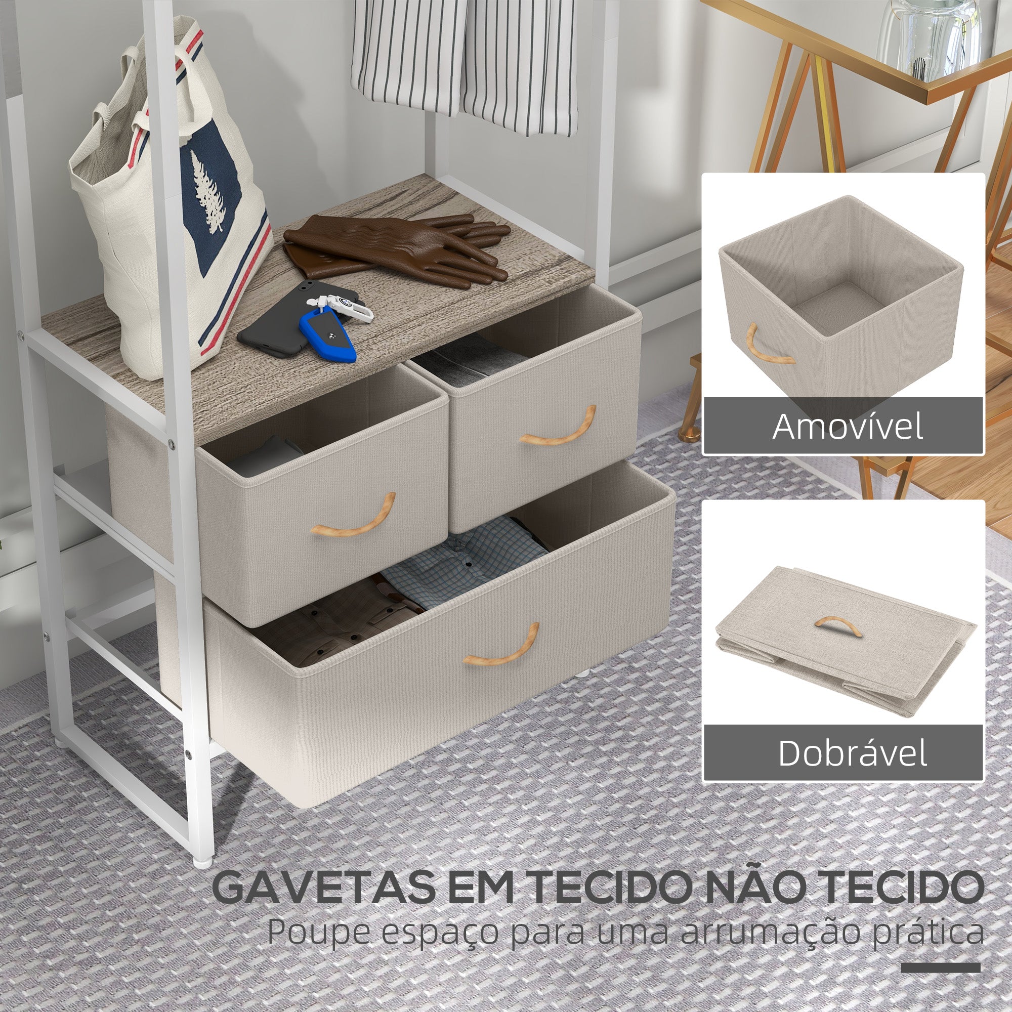 Suporte para Cabides com 3 Gavetas em Tecido Natural 58,5x30x178 cm