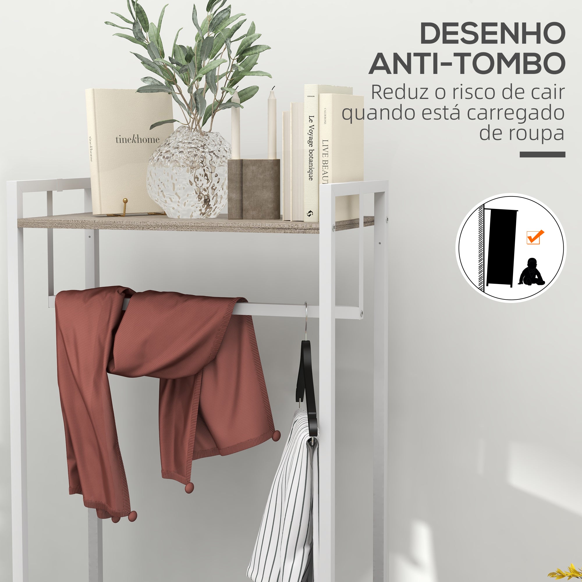 Suporte para Cabides com 3 Gavetas em Tecido Natural 58,5x30x178 cm
