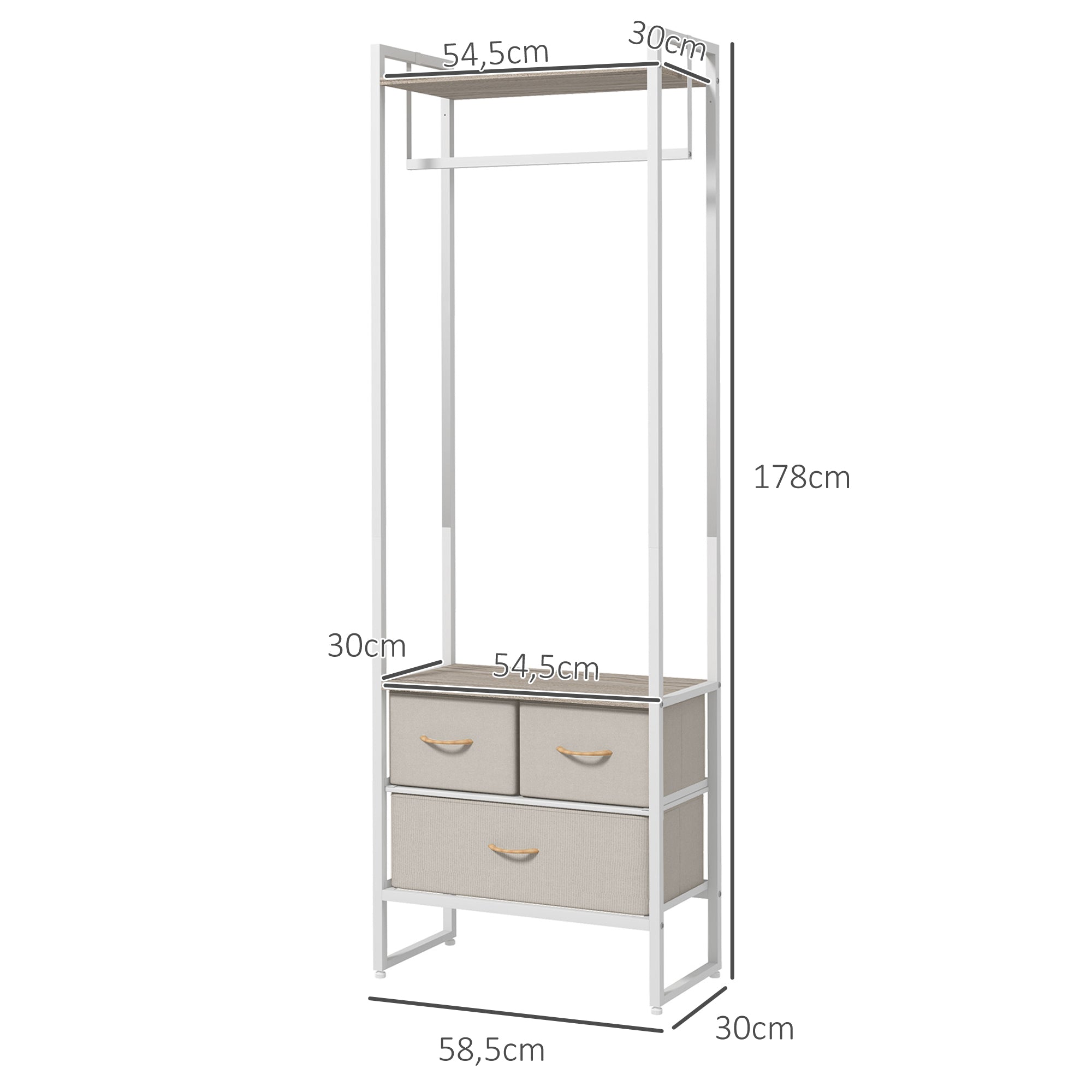 Suporte para Cabides com 3 Gavetas em Tecido Natural 58,5x30x178 cm
