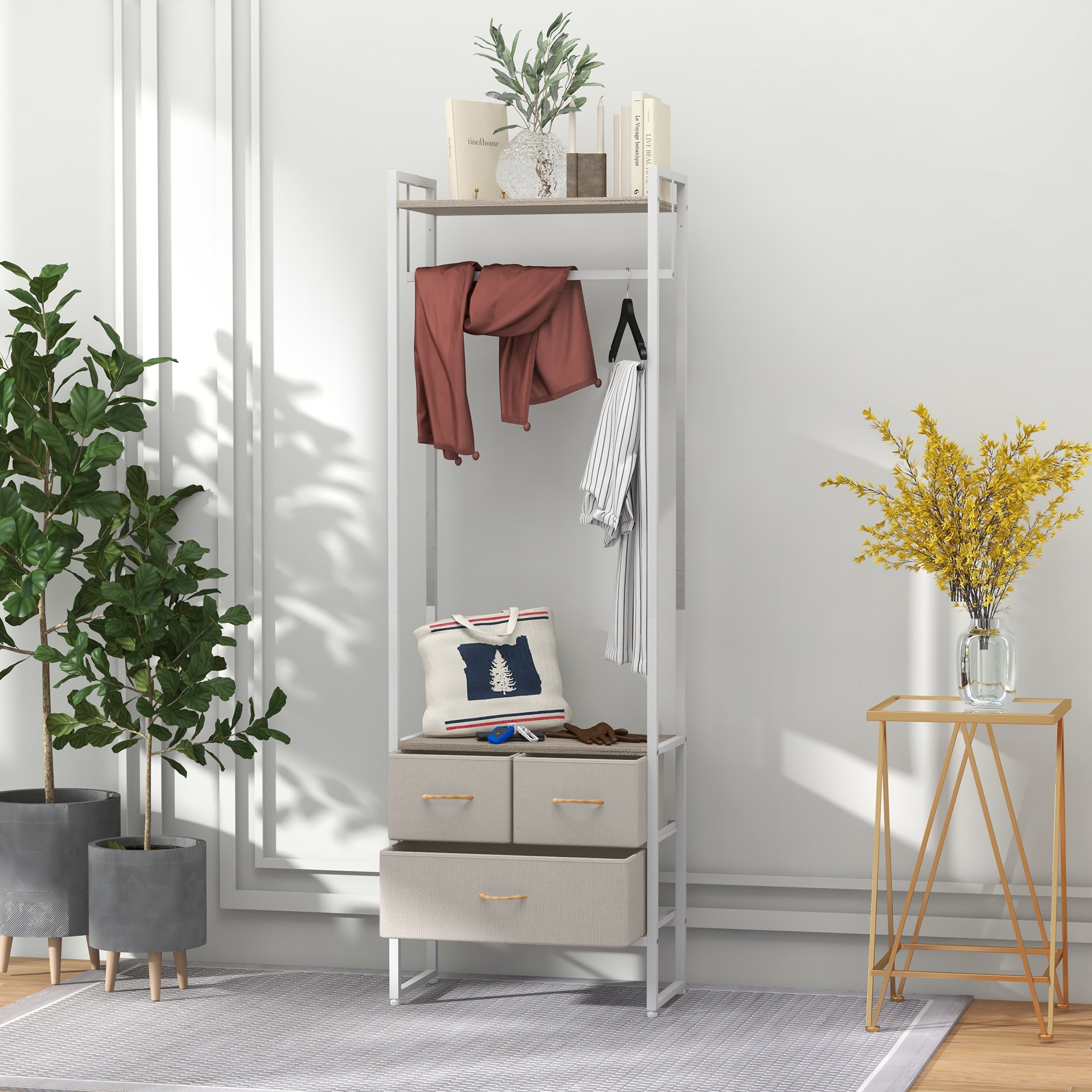 Suporte para Cabides com 3 Gavetas em Tecido Natural 58,5x30x178 cm