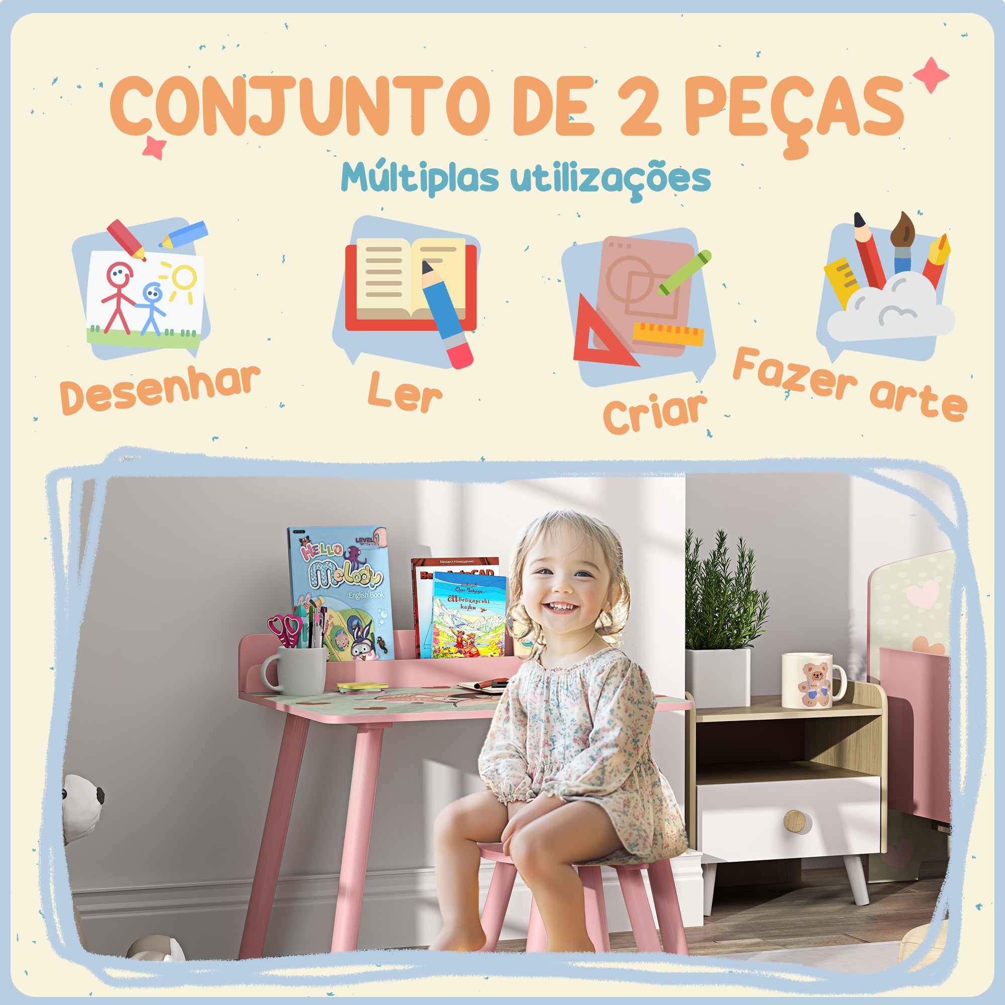 Mesa e Cadeira Infantil Rosa 60x48x53,5 cm