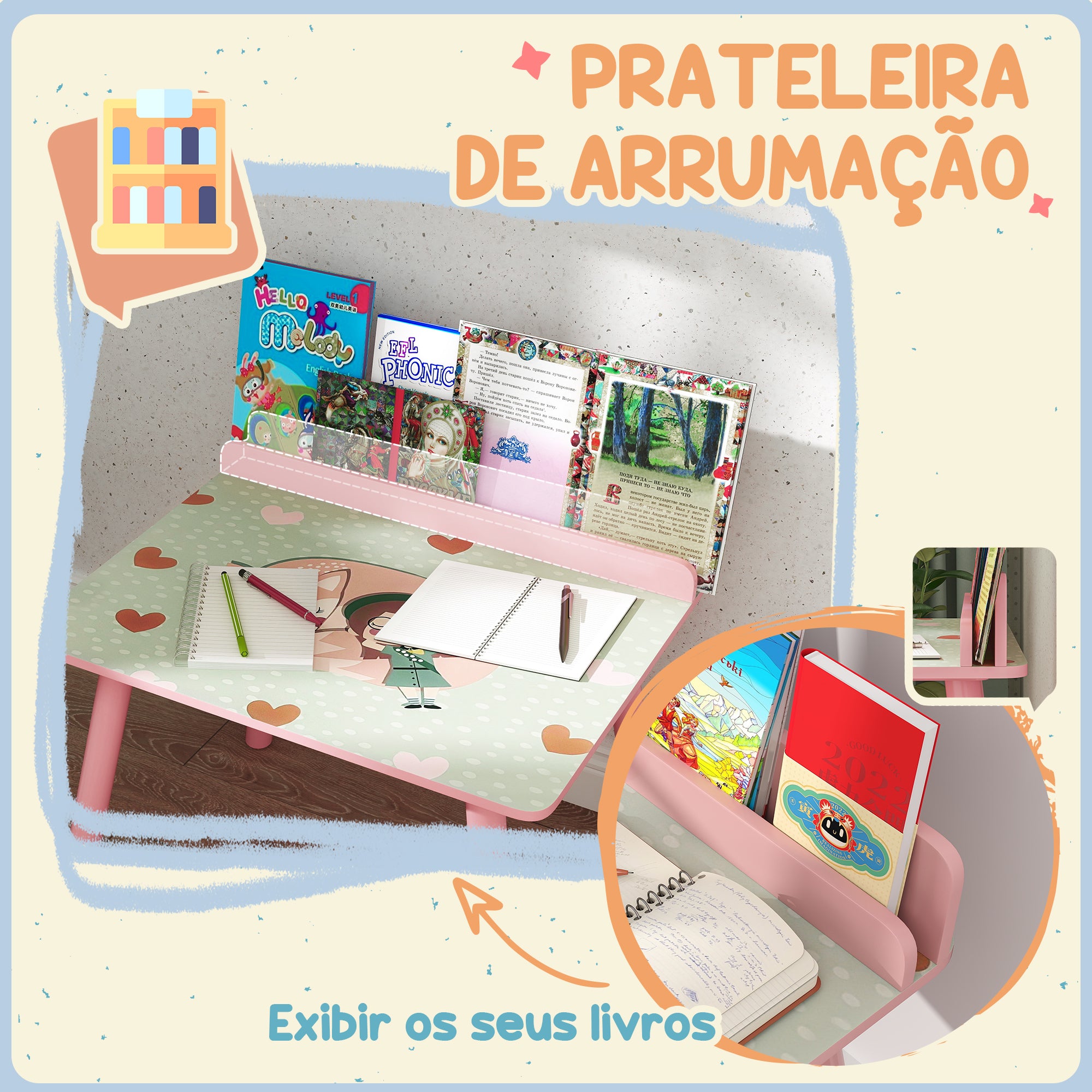 Mesa e Cadeira Infantil Rosa 60x48x53,5 cm