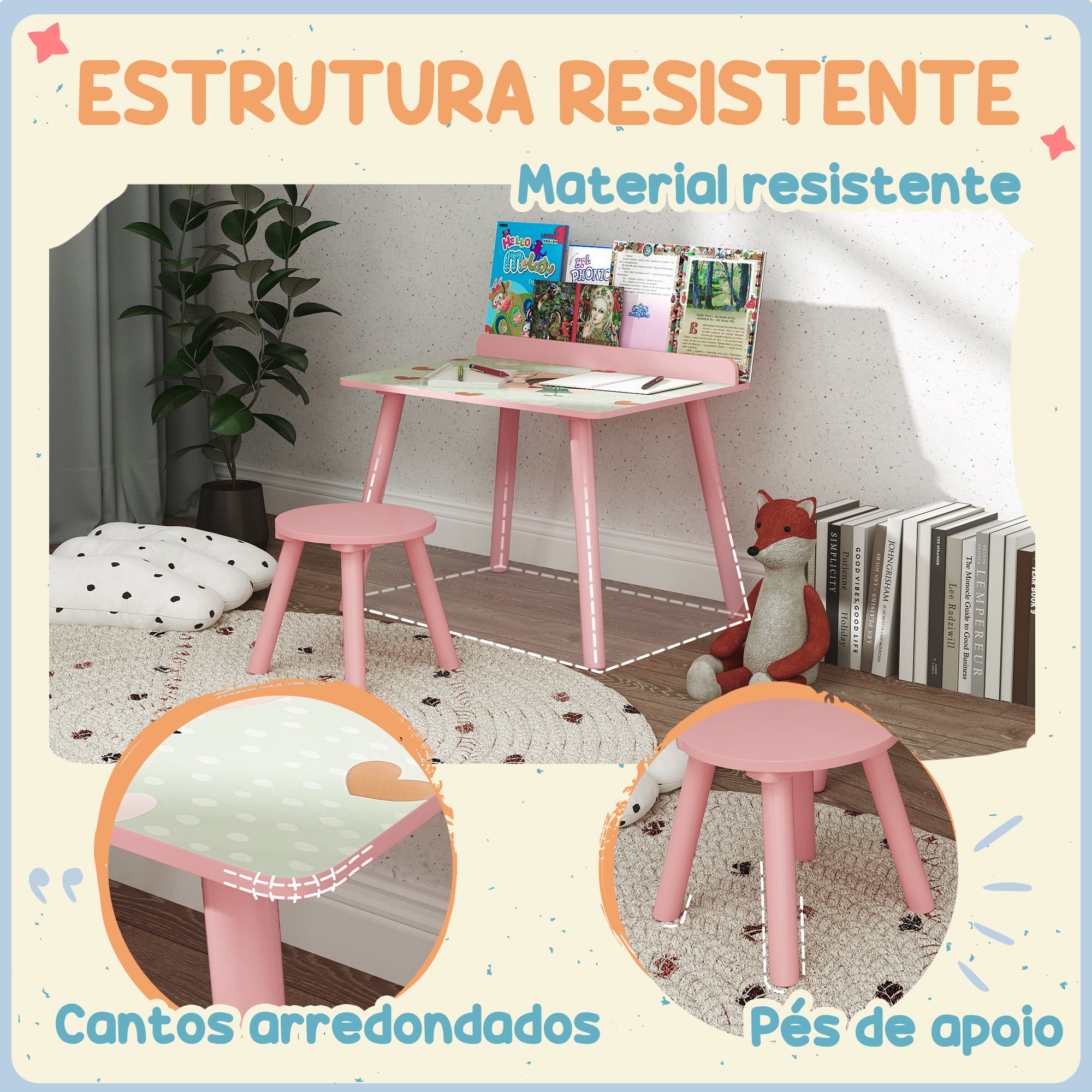 Mesa e Cadeira Infantil Rosa 60x48x53,5 cm