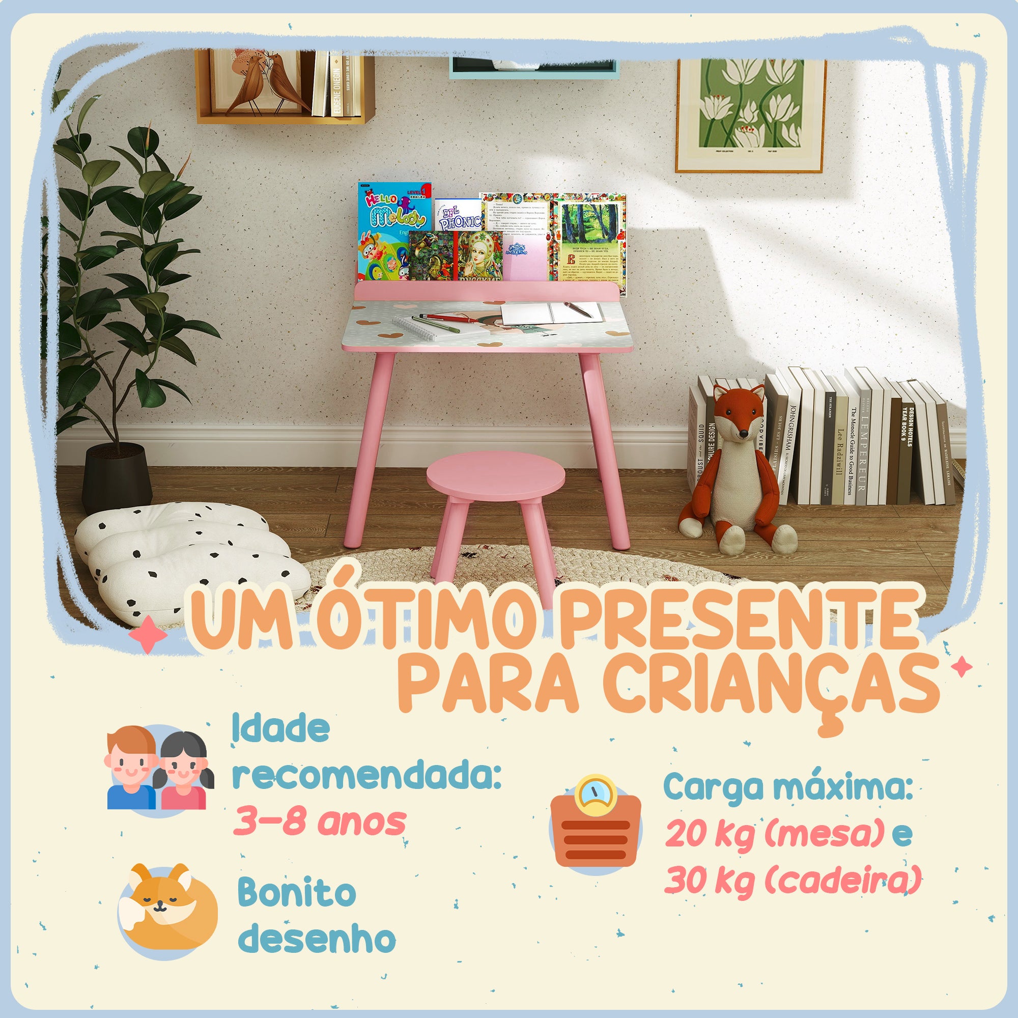 Mesa e Cadeira Infantil Rosa 60x48x53,5 cm
