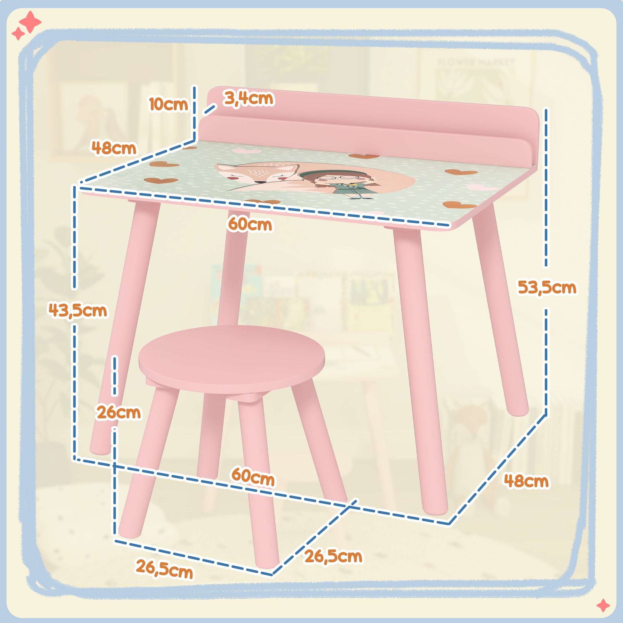 Mesa e Cadeira Infantil Rosa 60x48x53,5 cm