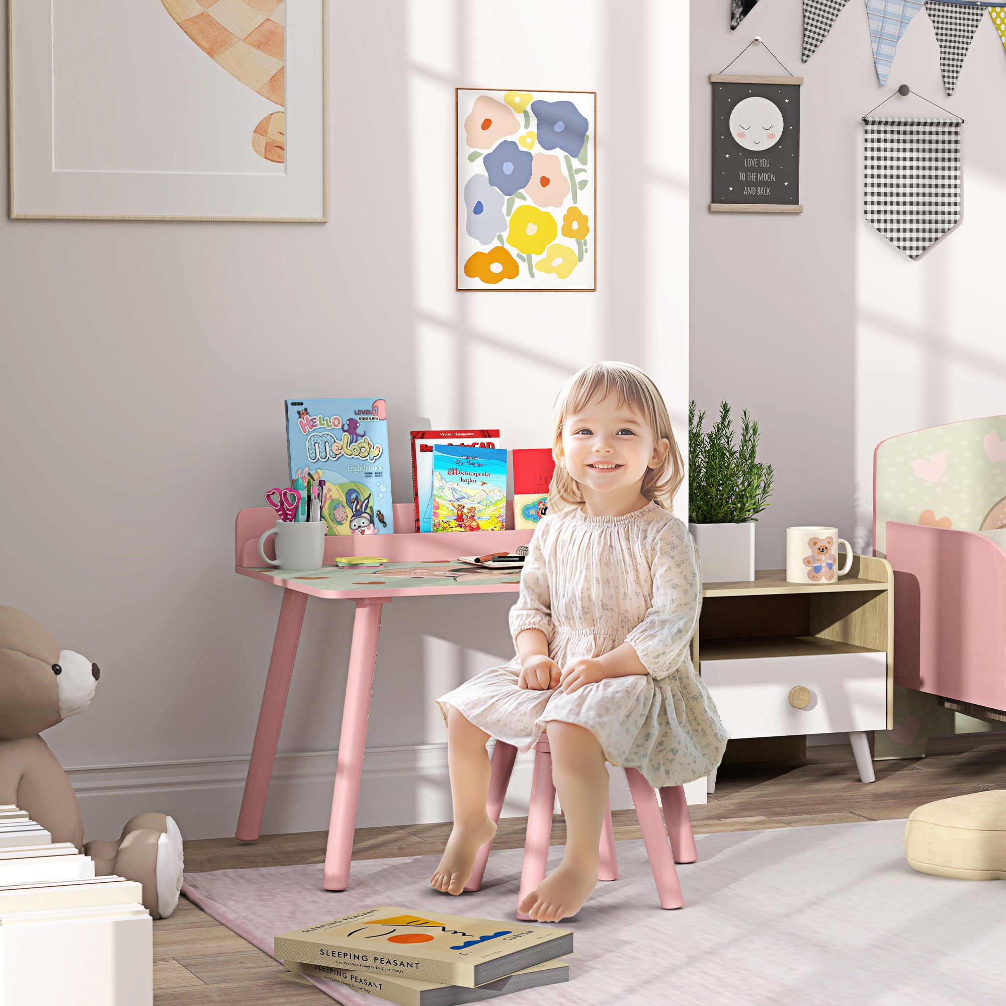 Mesa e Cadeira Infantil Rosa 60x48x53,5 cm