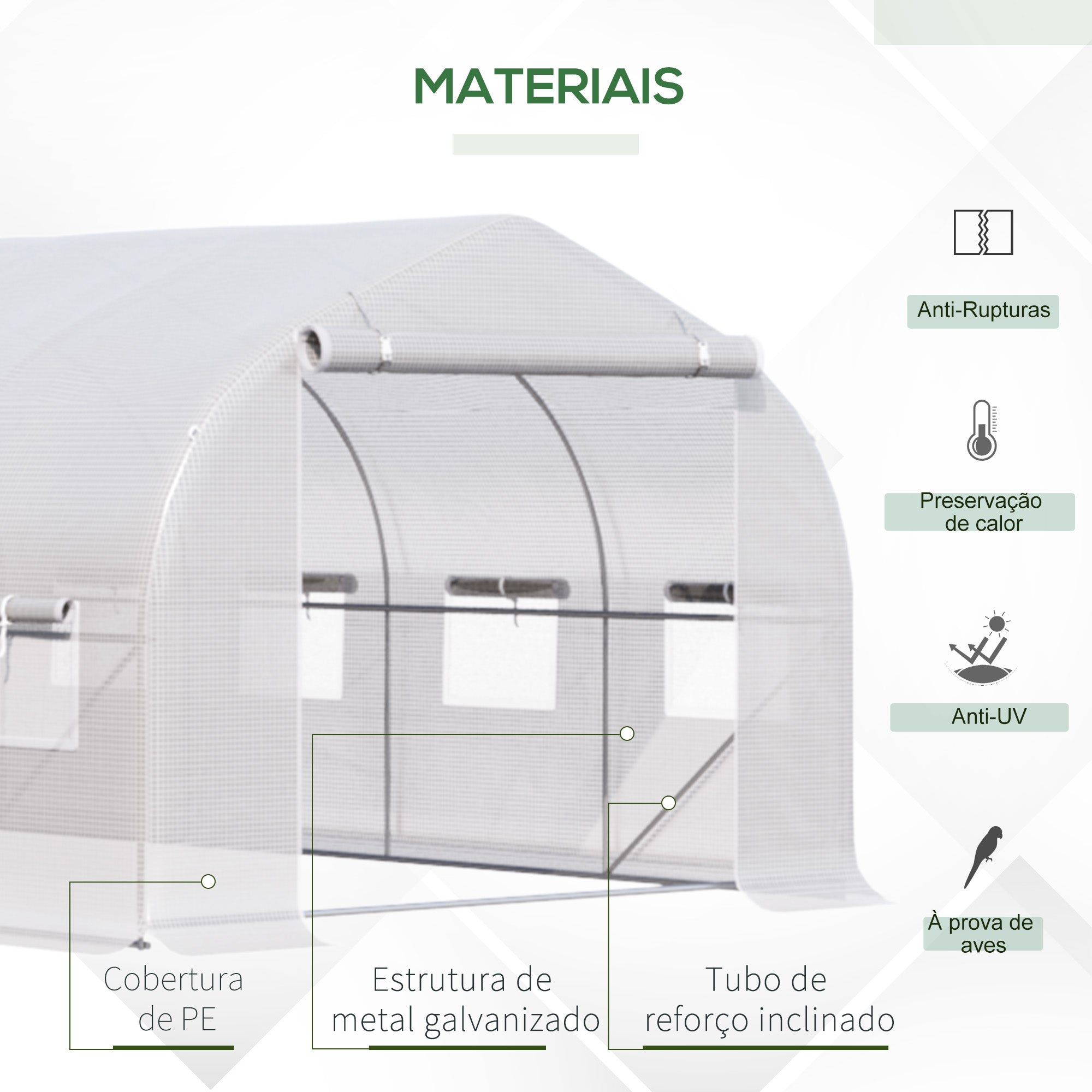 Estufa tipo túnel – 395x195x198 cm – verde – Tecido PE e aço galvanizado