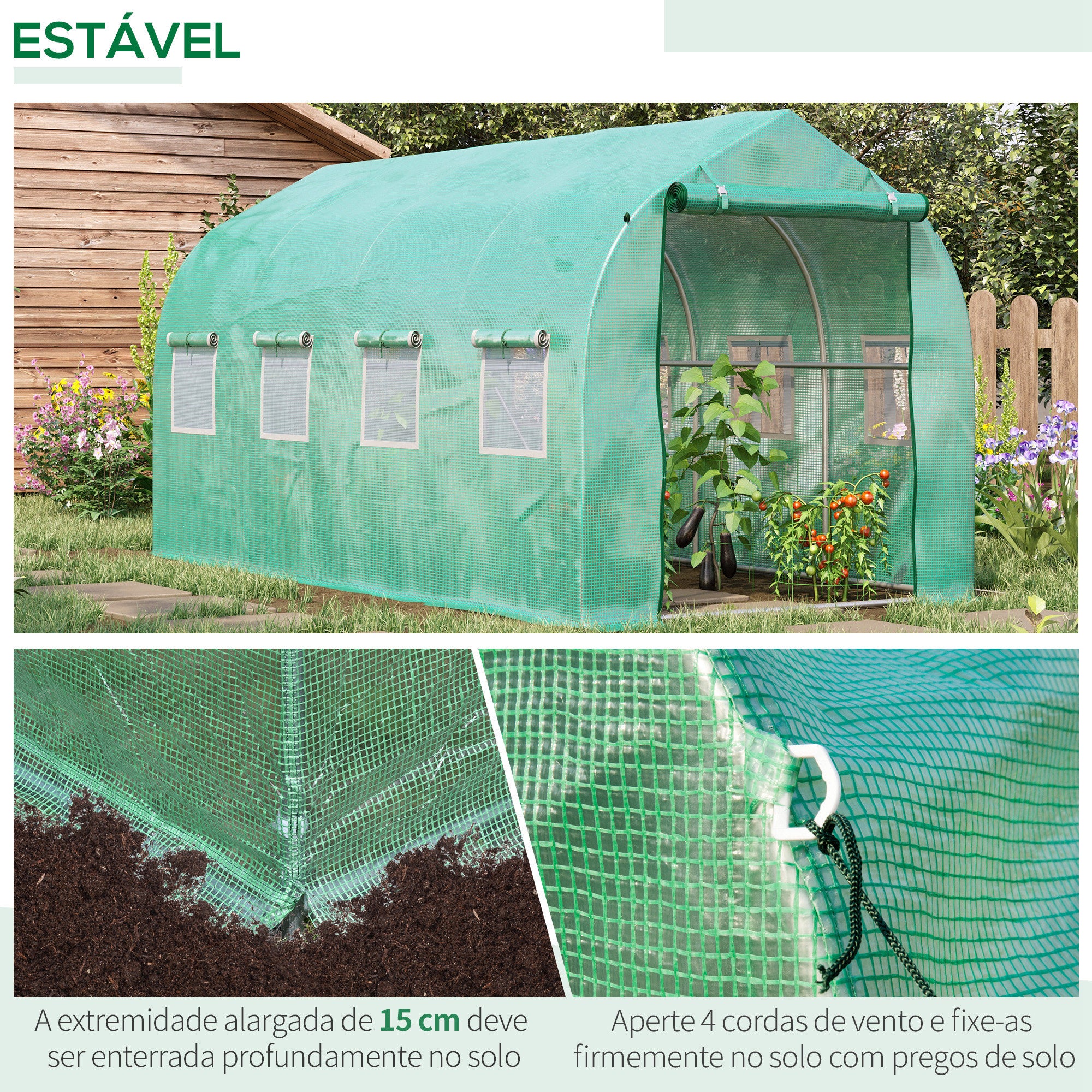 Estufa tipo túnel – 395x195x198 cm – verde – Tecido PE e aço galvanizado