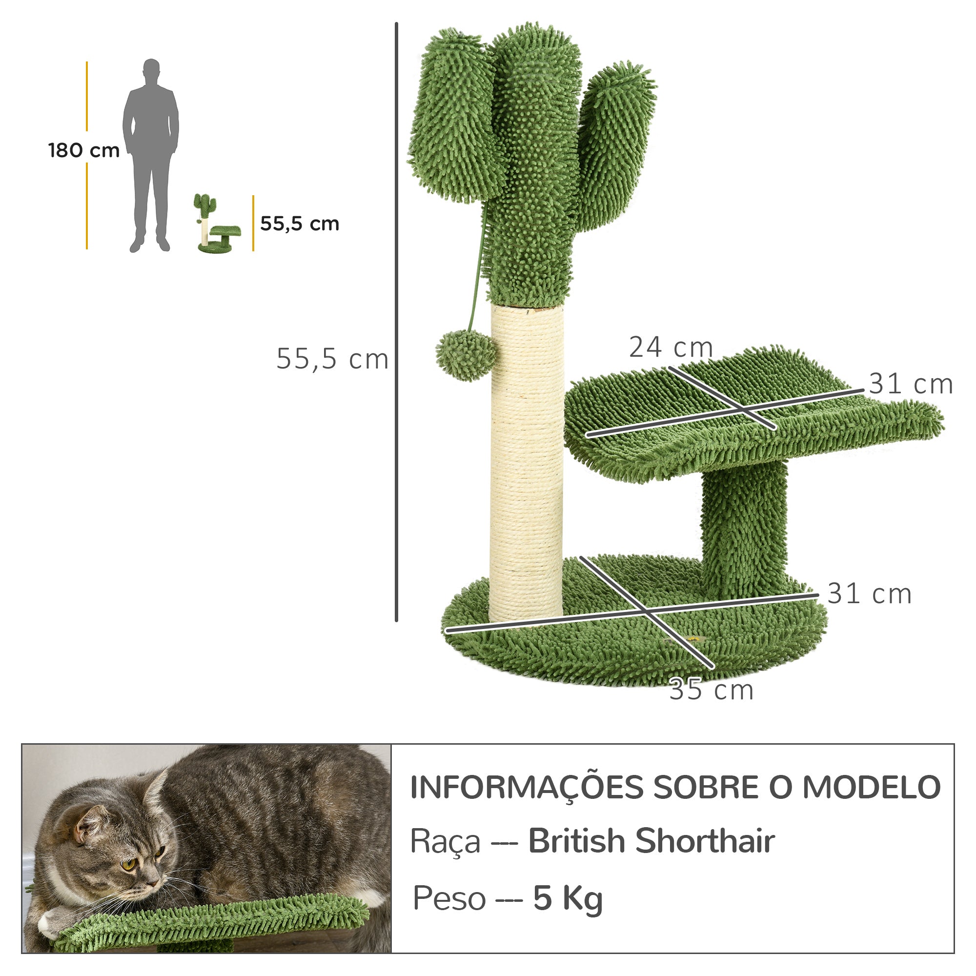 Arranhador para Gatos em Forma de Cactus 35x31x55,5 cm - Verde