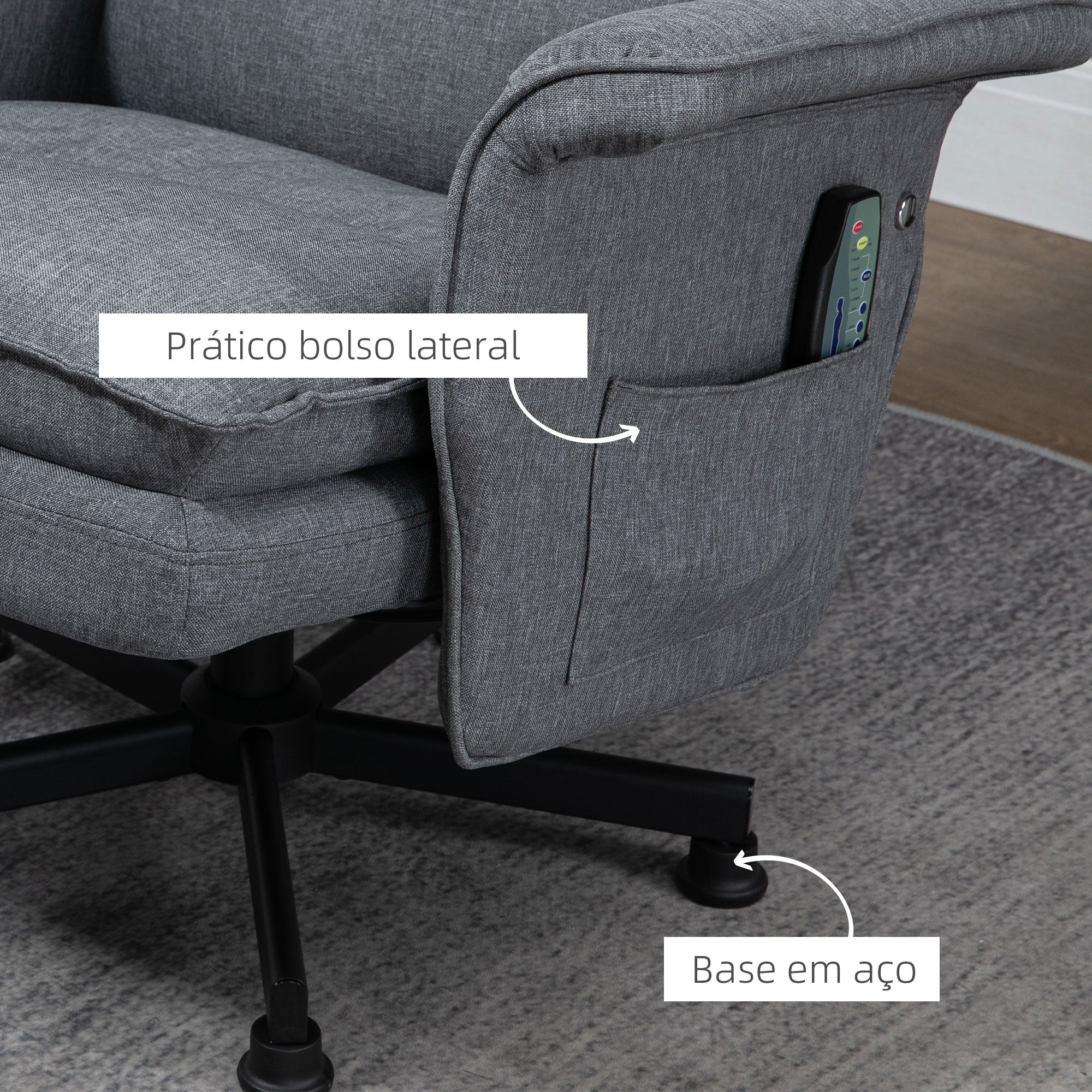 Poltrona Relax com Massagem em Linho Cinza 78x81x99 cm