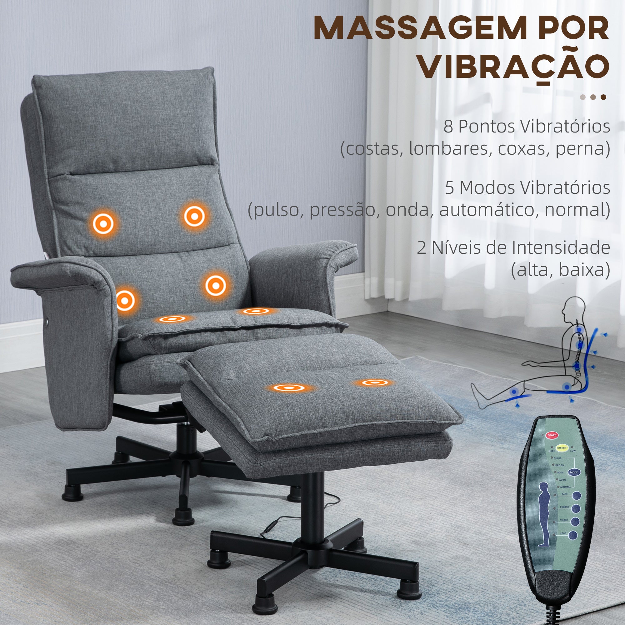 Poltrona Relax com Massagem em Linho Cinza 78x81x99 cm