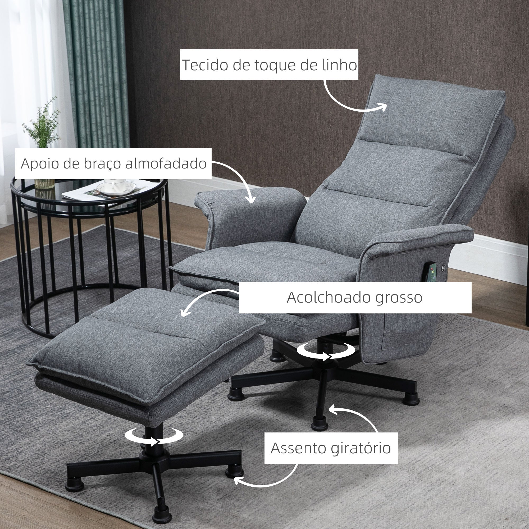 Poltrona Relax com Massagem em Linho Cinza 78x81x99 cm