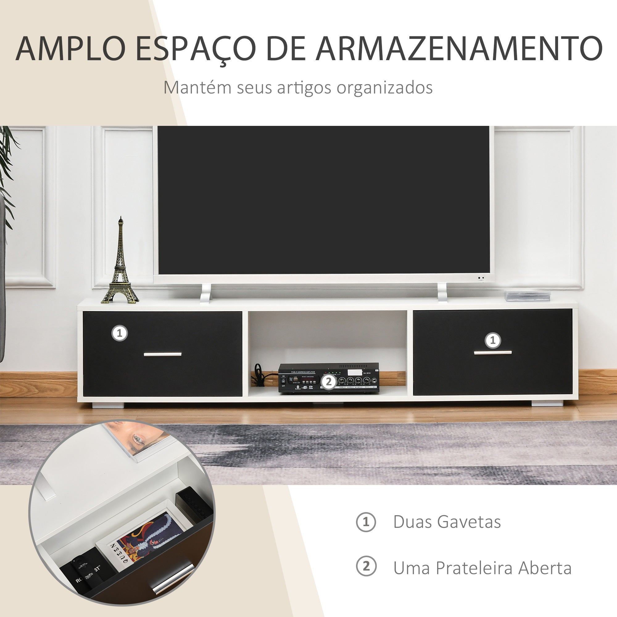 Móvel de TV Moderno 140x30x32cm Branco e Preto