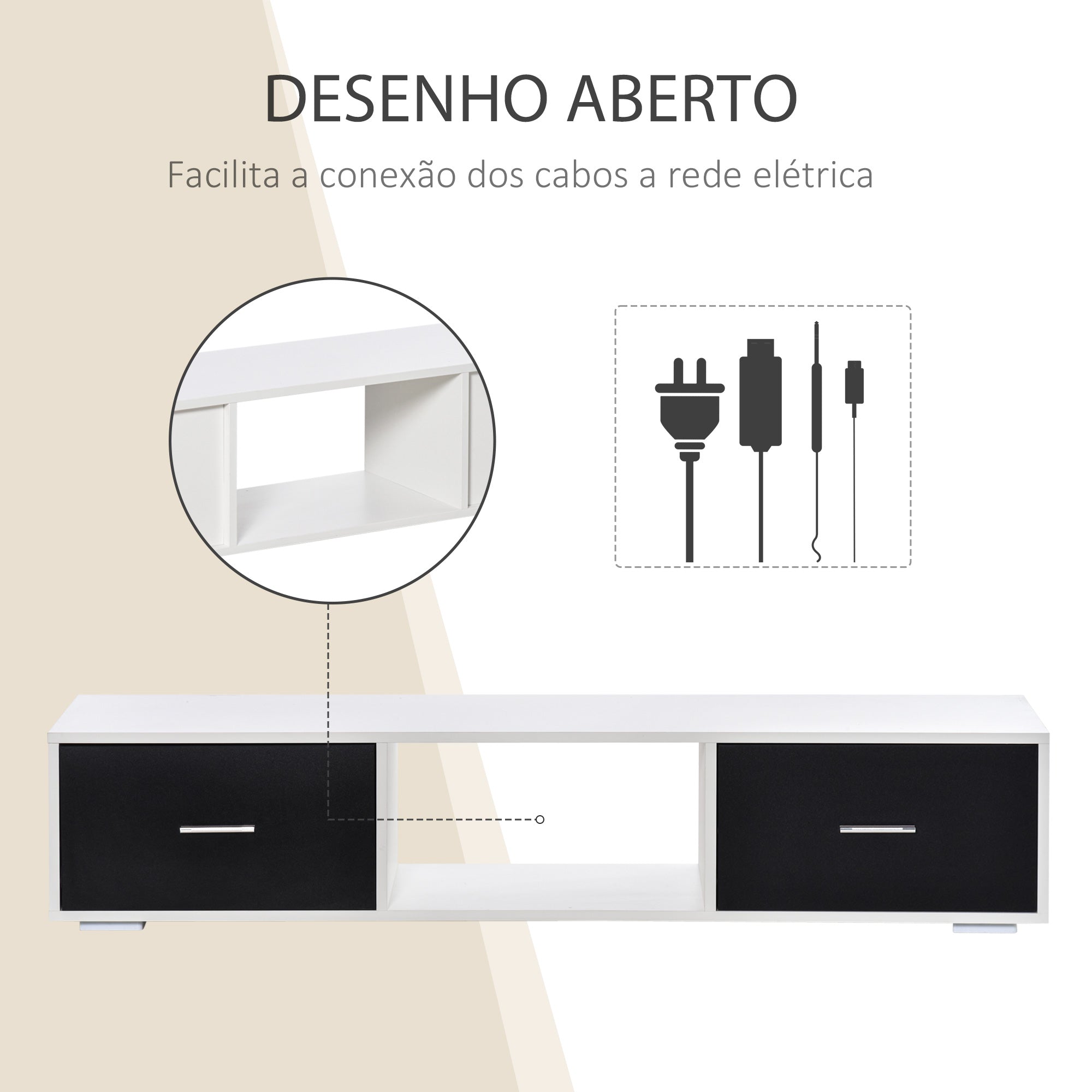 Móvel de TV Moderno 140x30x32cm Branco e Preto