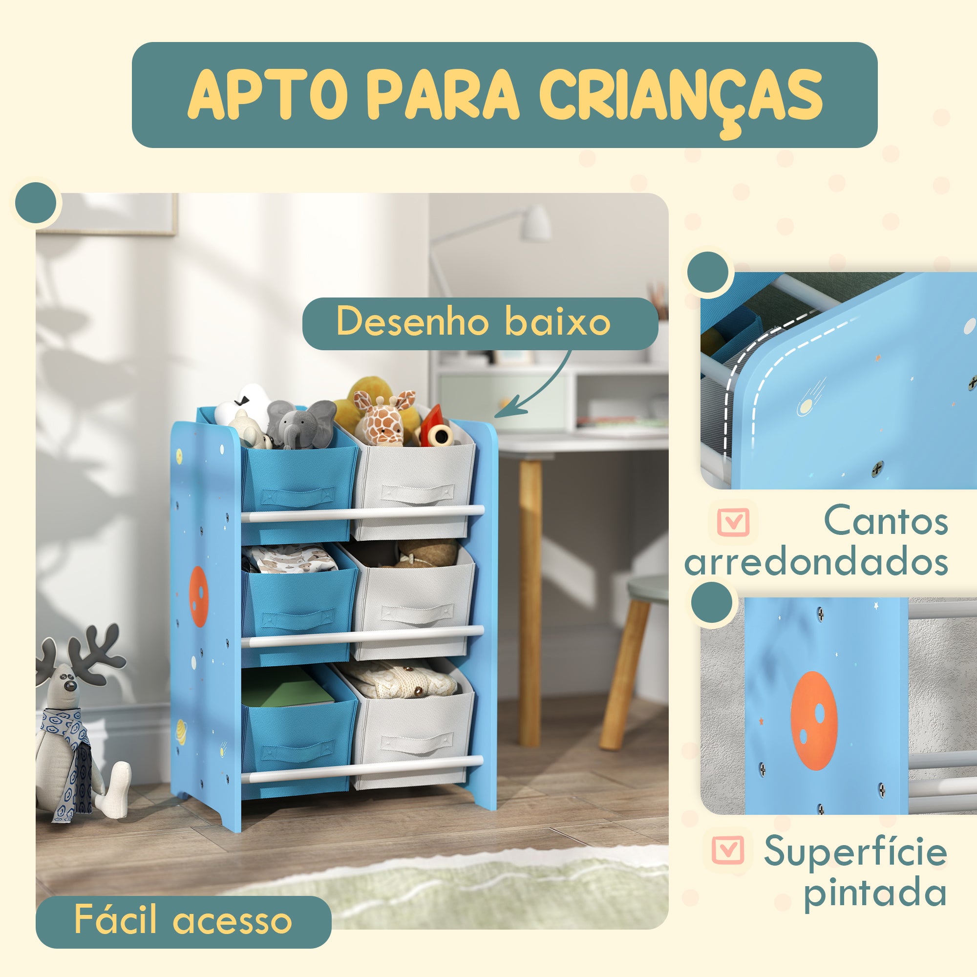 Organizador de Brinquedos com 6 Caixas de Tecido Azul 43x30x60 cm