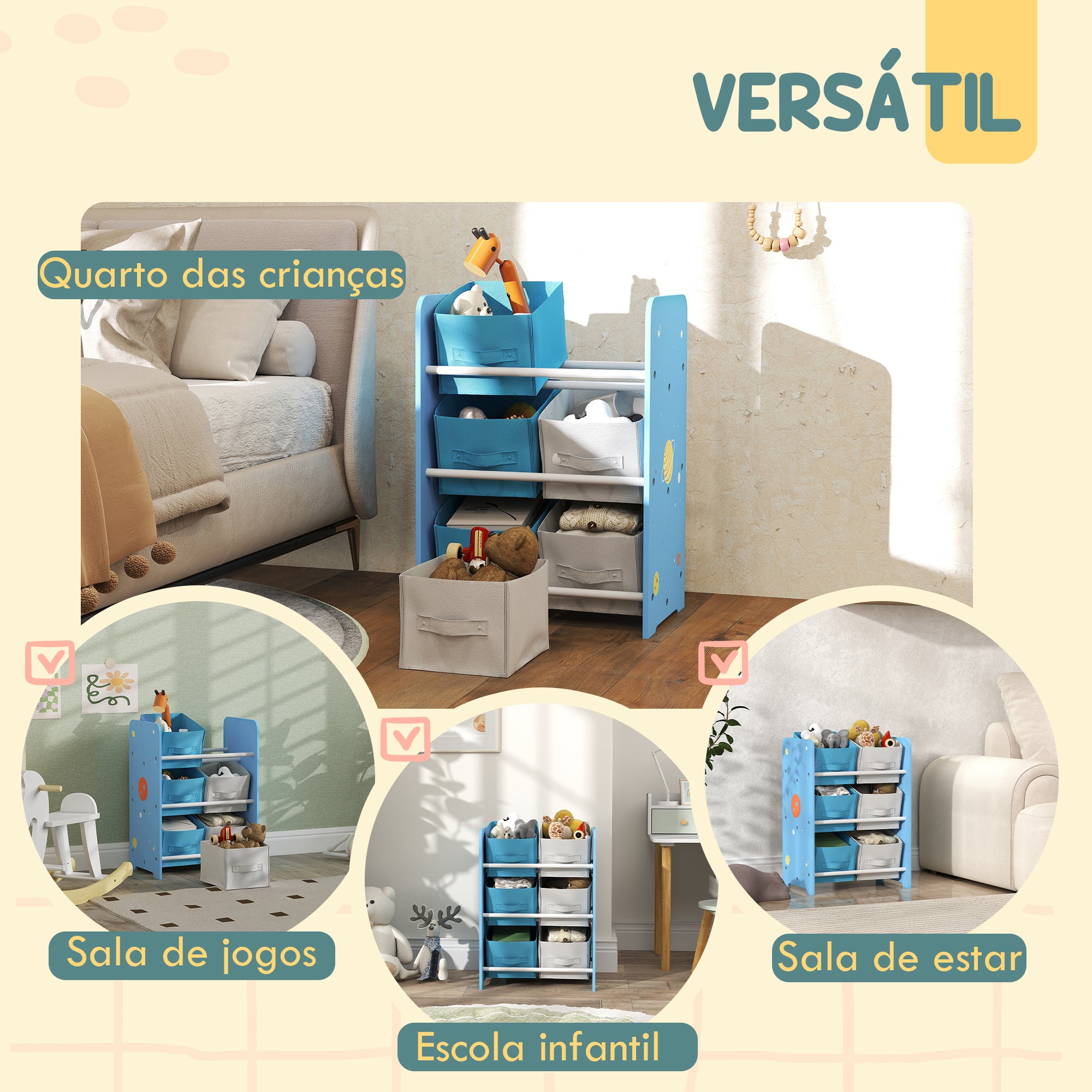 Organizador de Brinquedos com 6 Caixas de Tecido Azul 43x30x60 cm