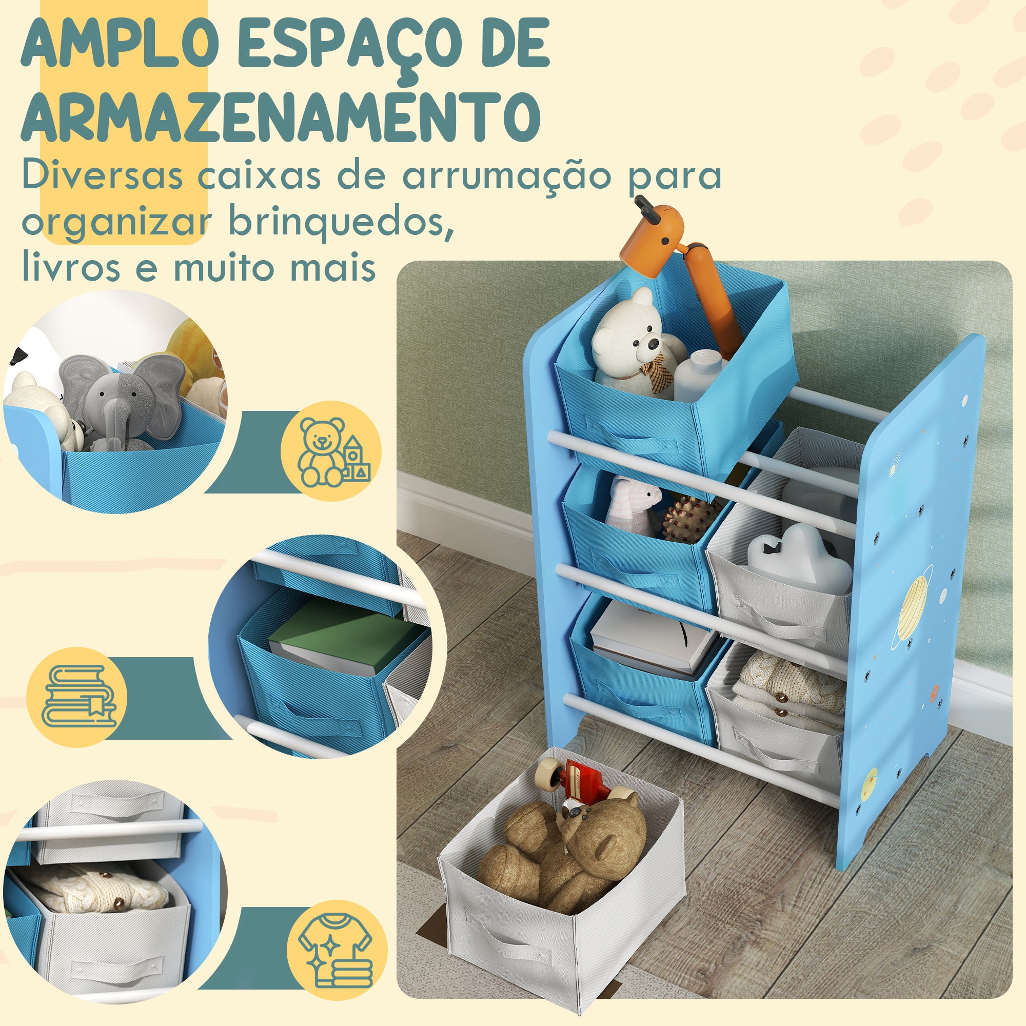 Organizador de Brinquedos com 6 Caixas de Tecido Azul 43x30x60 cm