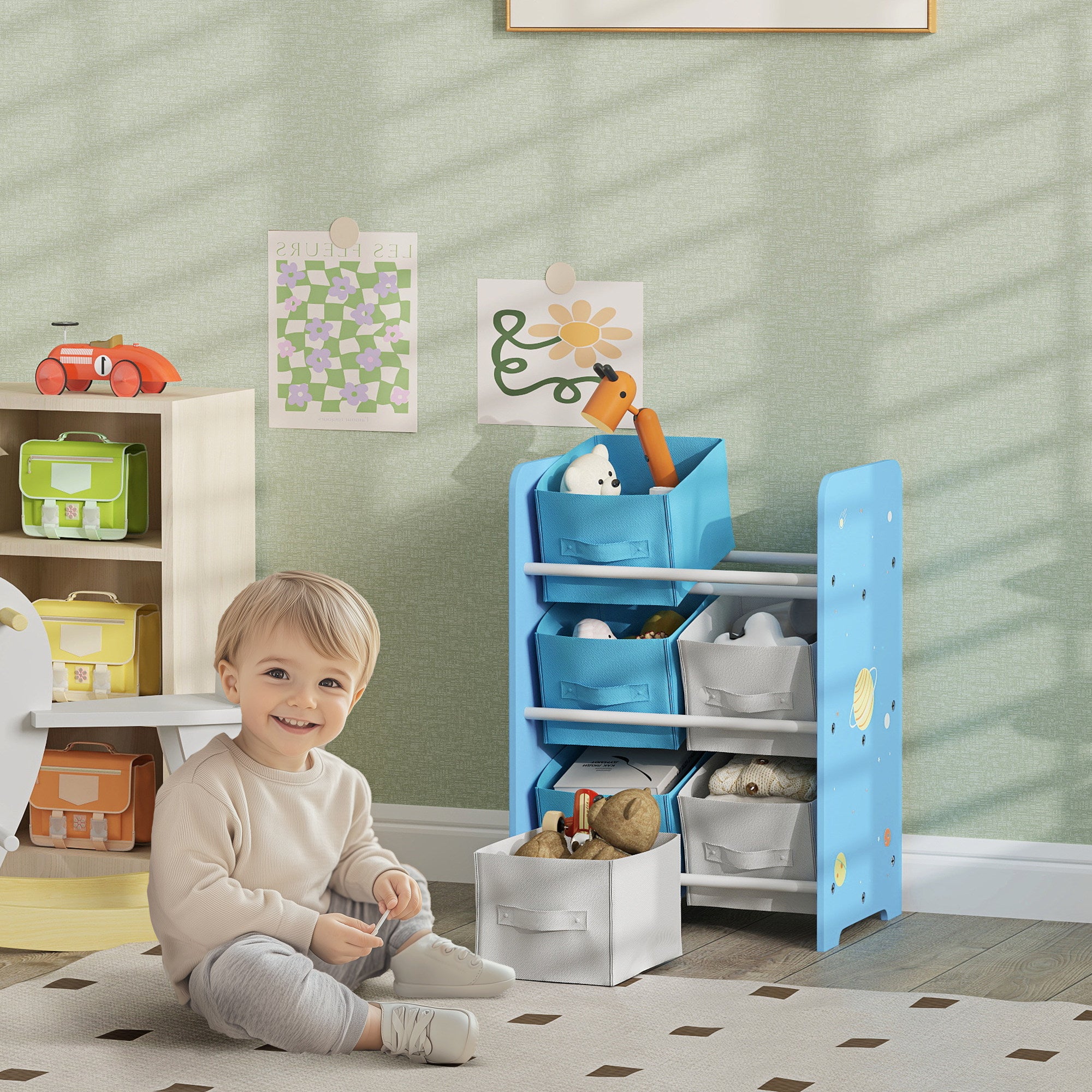 Organizador de Brinquedos com 6 Caixas de Tecido Azul 43x30x60 cm