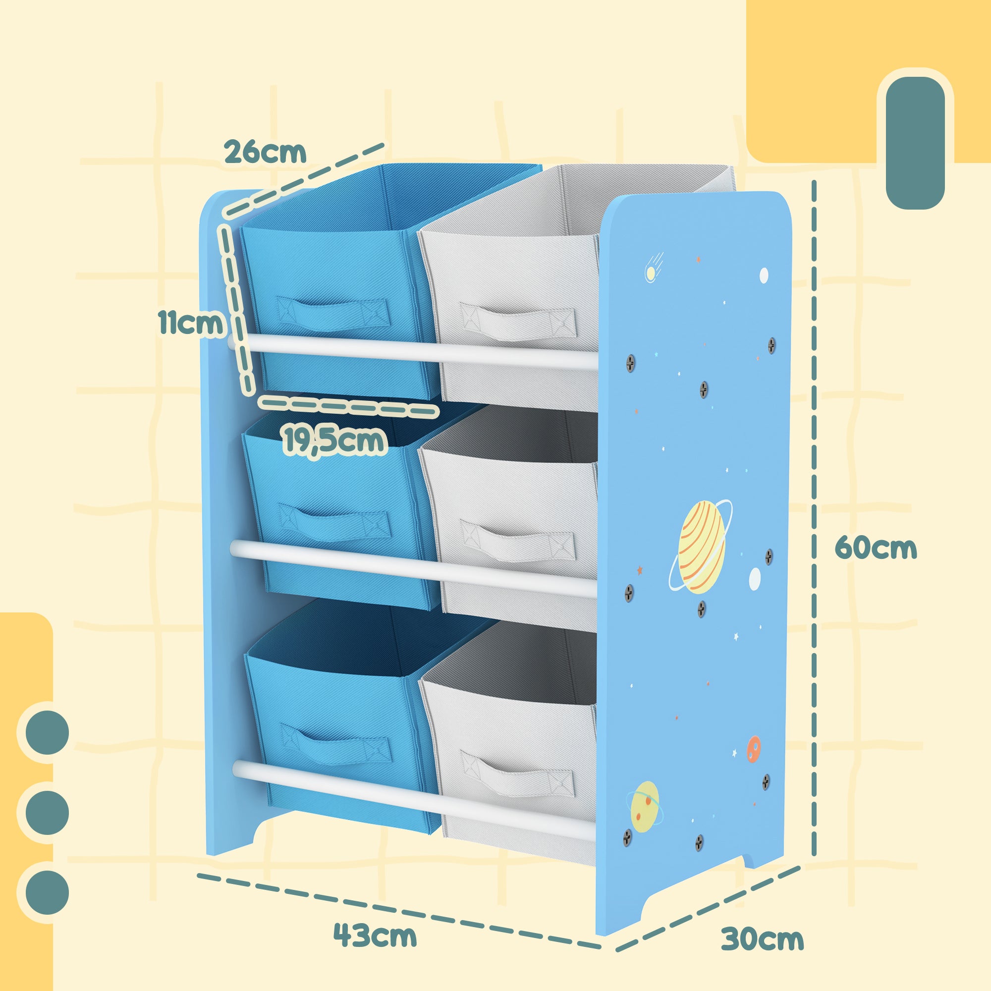 Organizador de Brinquedos com 6 Caixas de Tecido Azul 43x30x60 cm