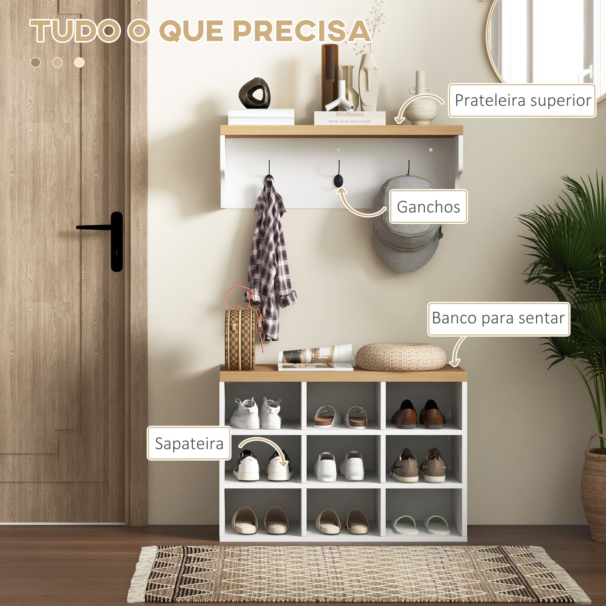 Móvel de Entrada Branco e Carvalho 75x30x50 cm e 75x20x22,5 cm