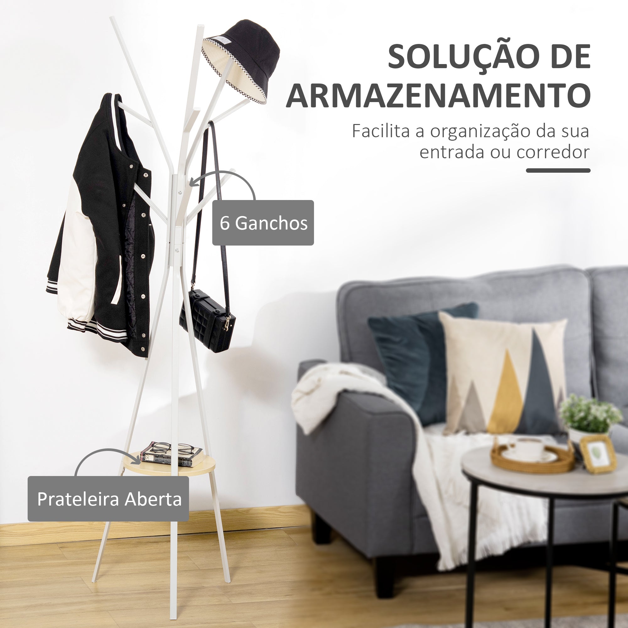 Cabide de Pé Moderno Branco 45x45x180 cm com 9 Ganchos e Prateleira