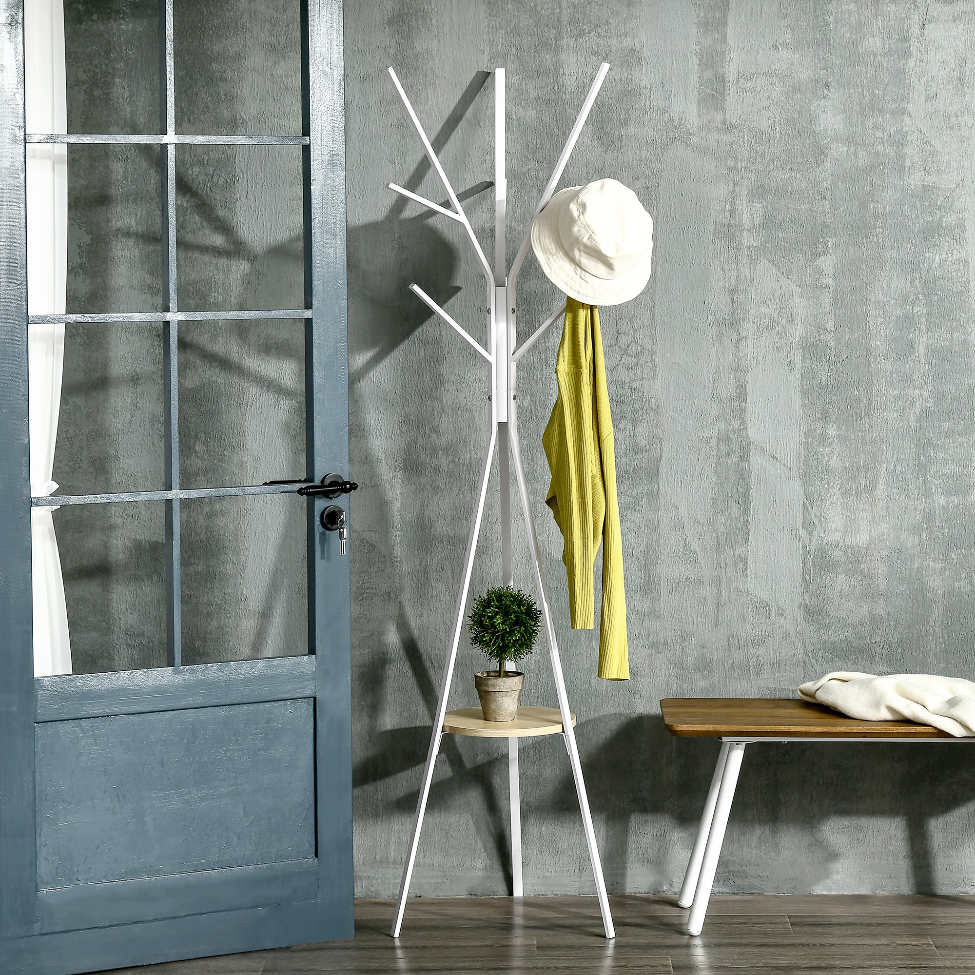 Cabide de Pé Moderno Branco 45x45x180 cm com 9 Ganchos e Prateleira
