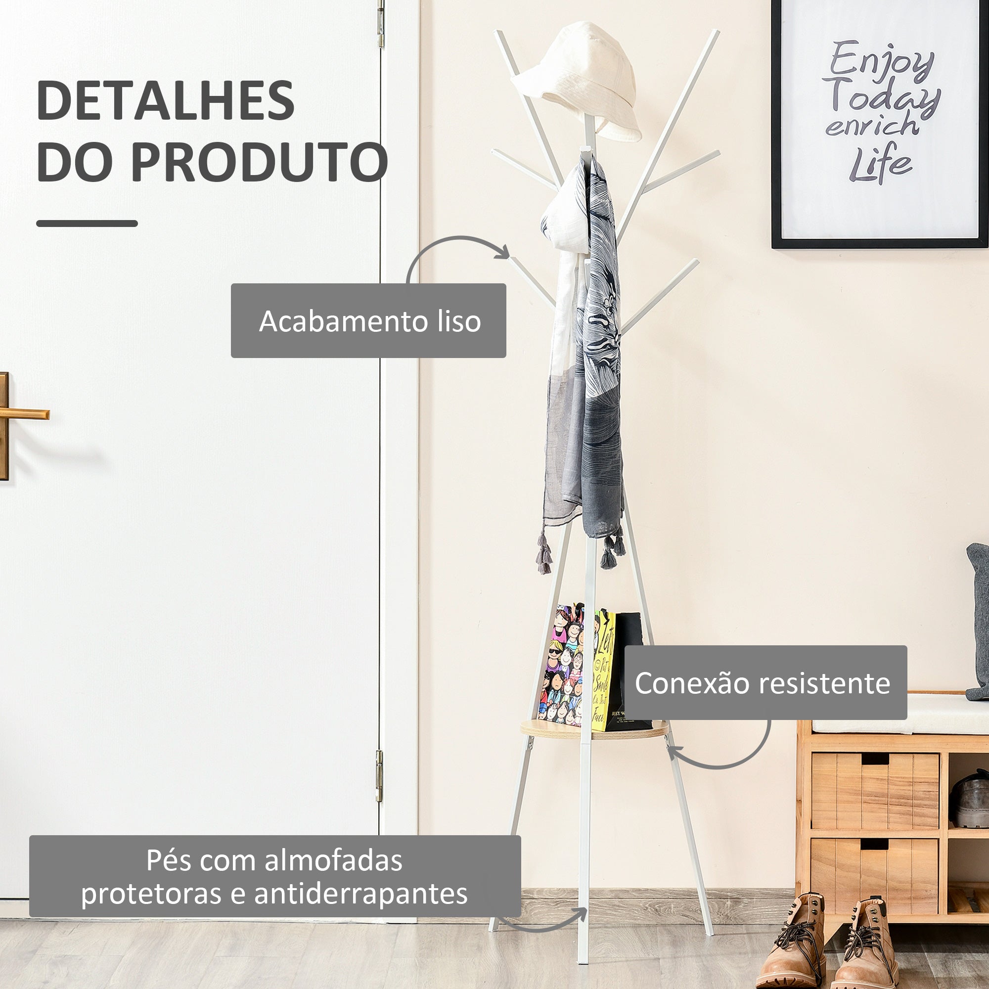 Cabide de Pé Moderno Branco 45x45x180 cm com 9 Ganchos e Prateleira