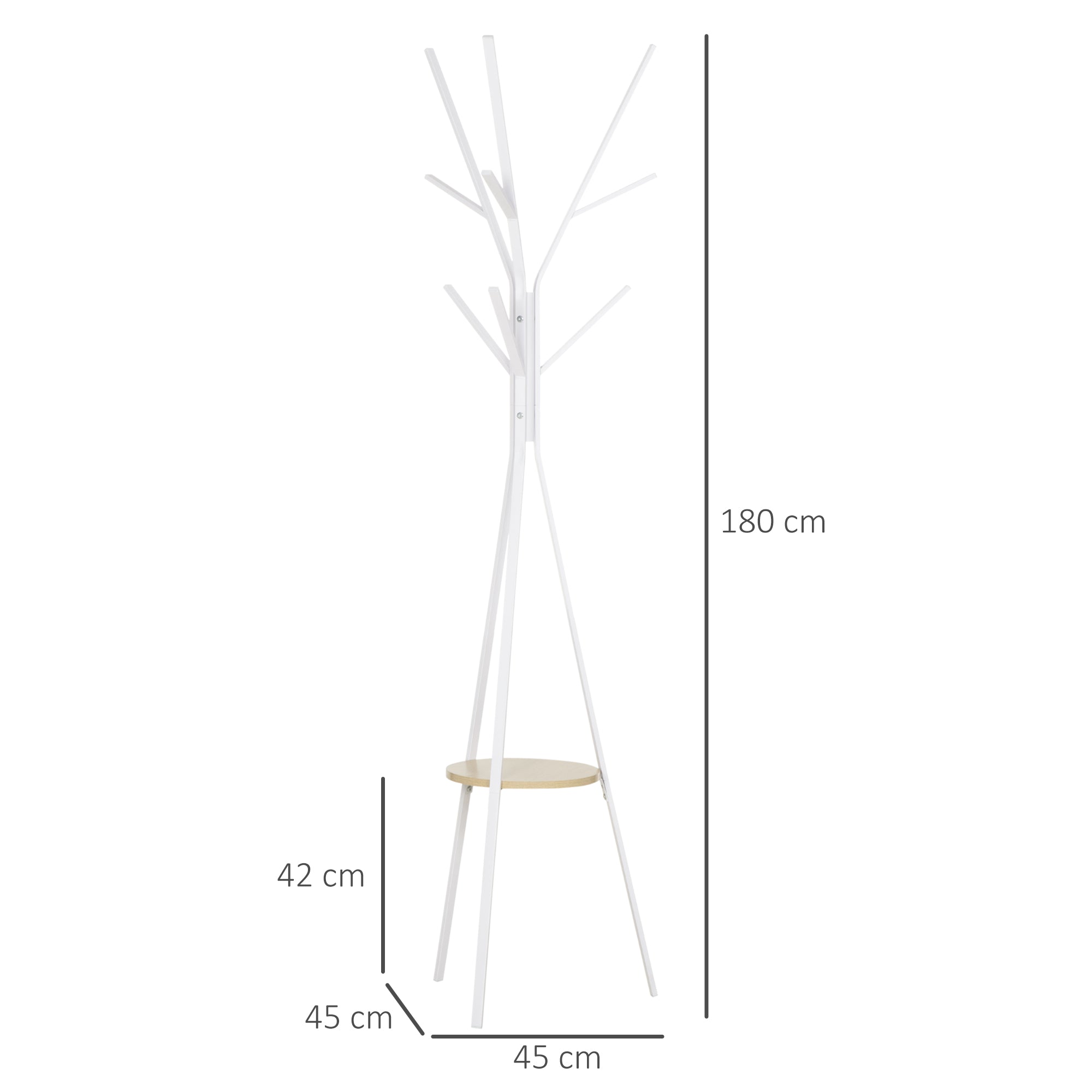 Cabide de Pé Moderno Branco 45x45x180 cm com 9 Ganchos e Prateleira
