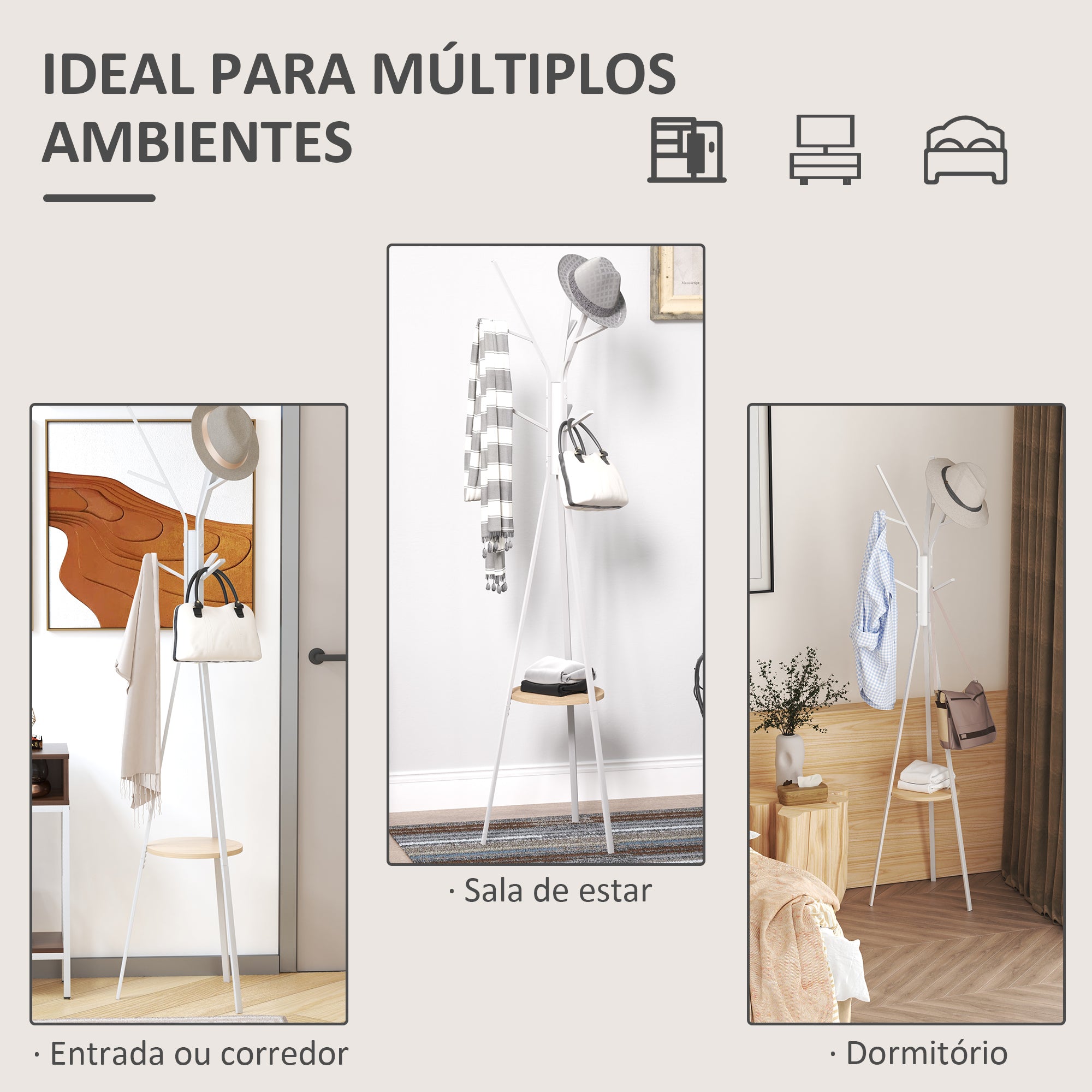 Cabide de Pé Moderno Branco 45x45x180 cm com 9 Ganchos e Prateleira