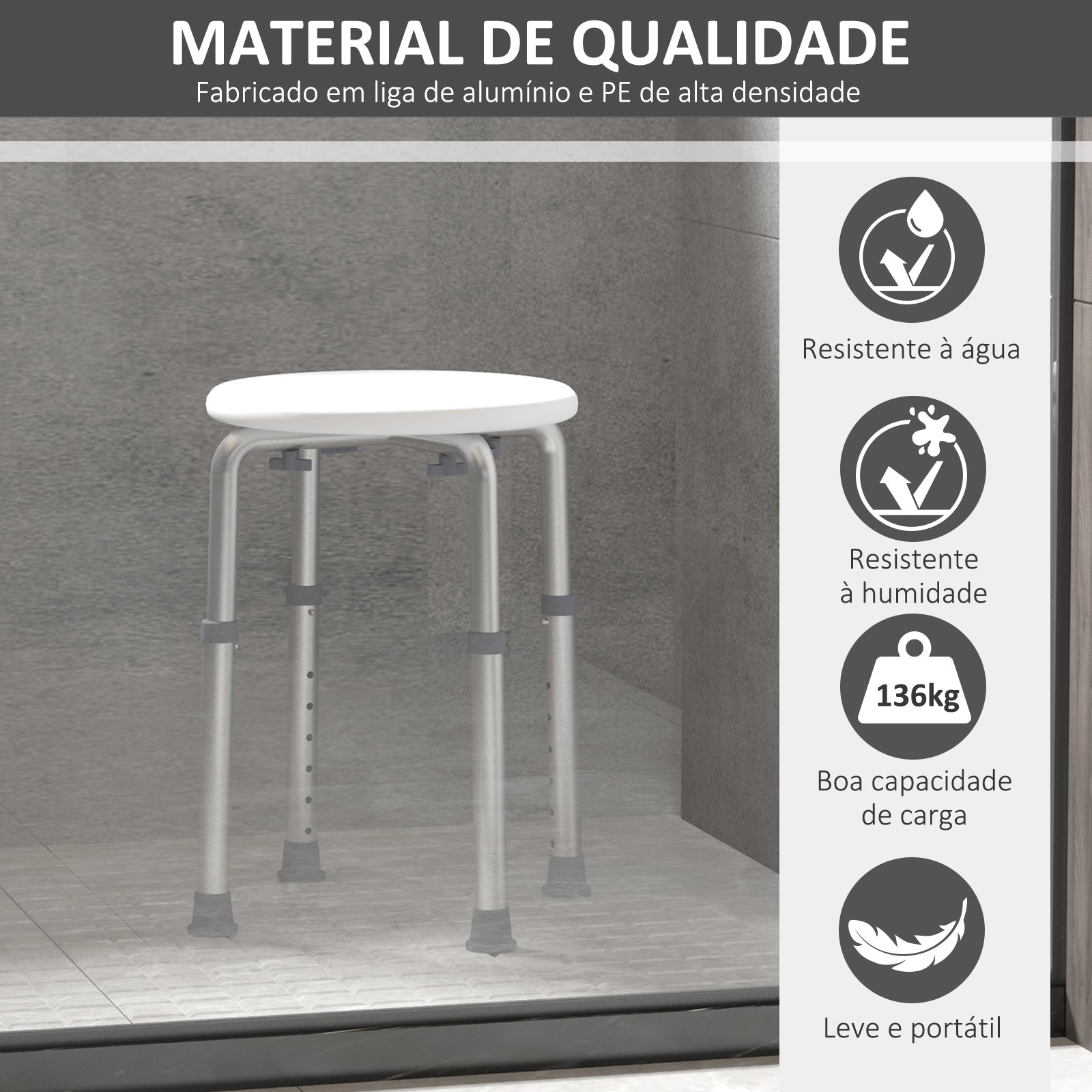 Banco de Duche Ajustável Branco 32,2x41x35,5-54cm