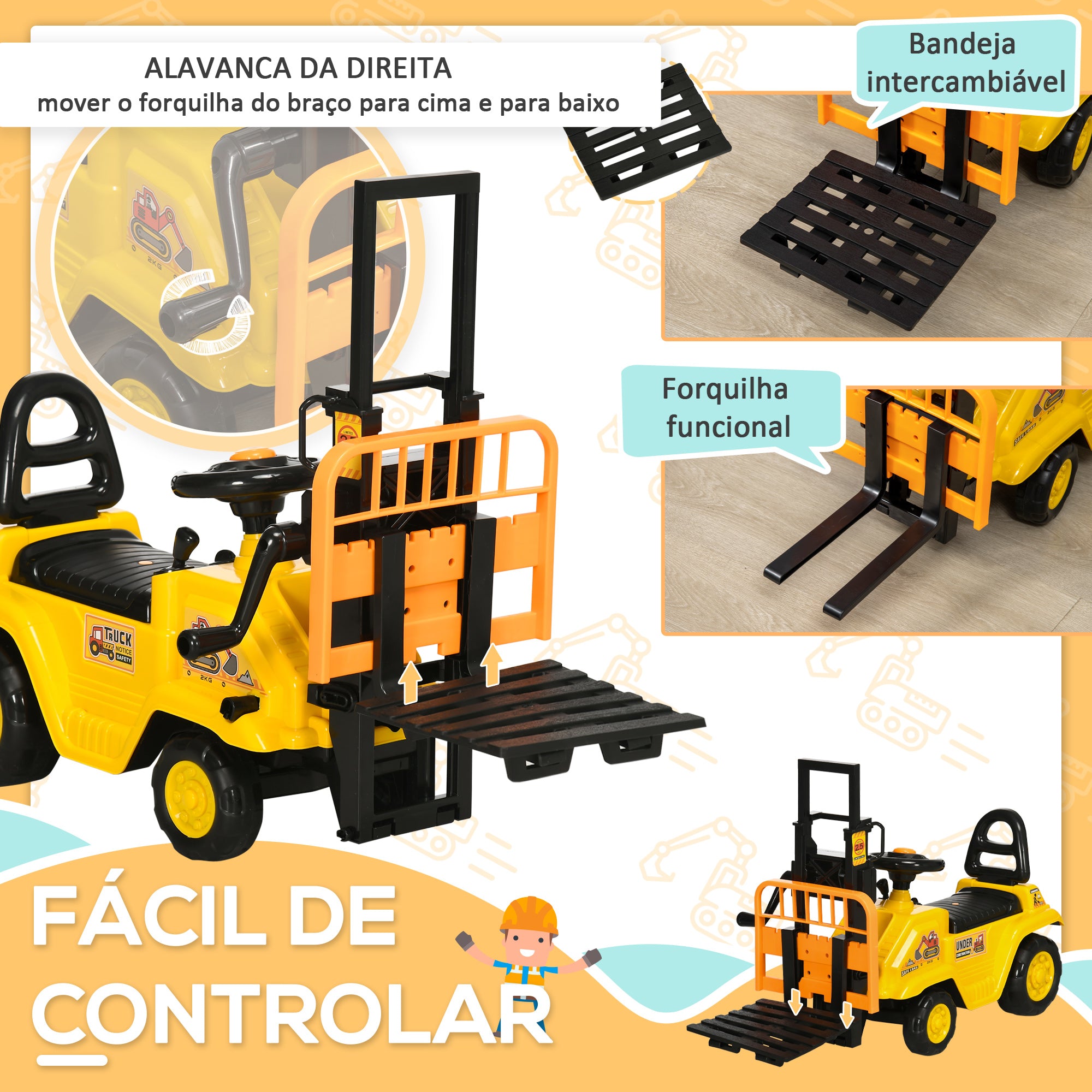 Carro Andador Infantil Amarelo 86x27,5x47,5cm para Crianças acima de 3 Anos