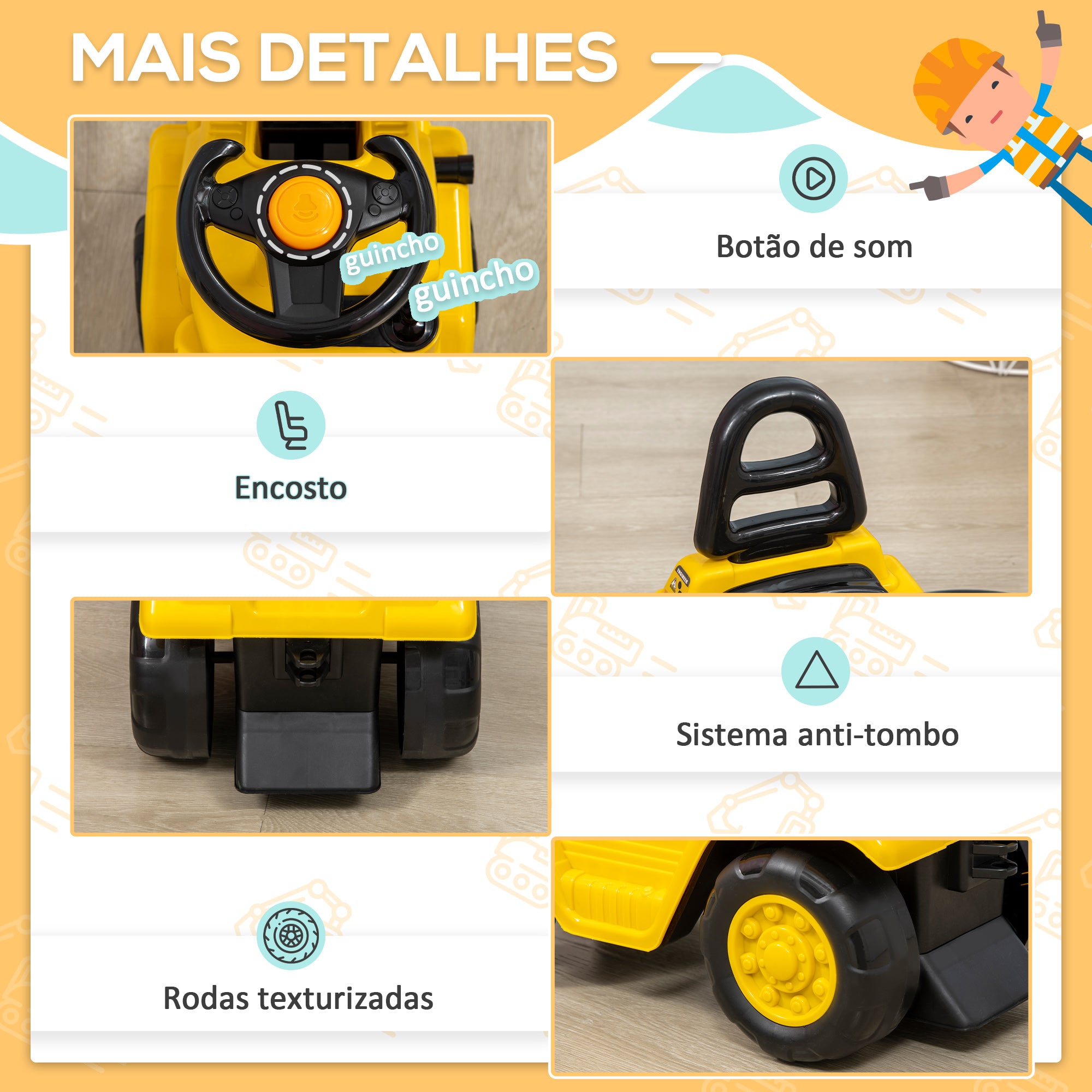 Carro Andador Infantil Amarelo 86x27,5x47,5cm para Crianças acima de 3 Anos