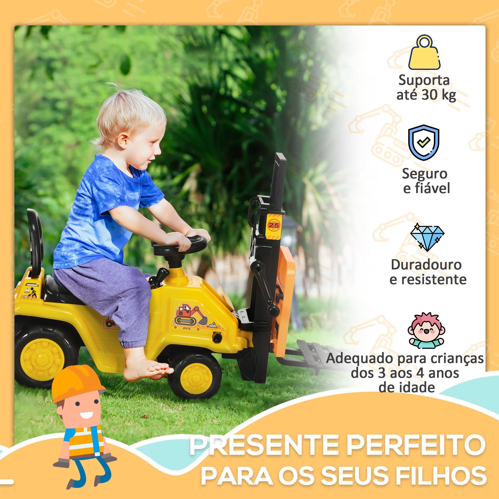 Carro Andador Infantil Amarelo 86x27,5x47,5cm para Crianças acima de 3 Anos