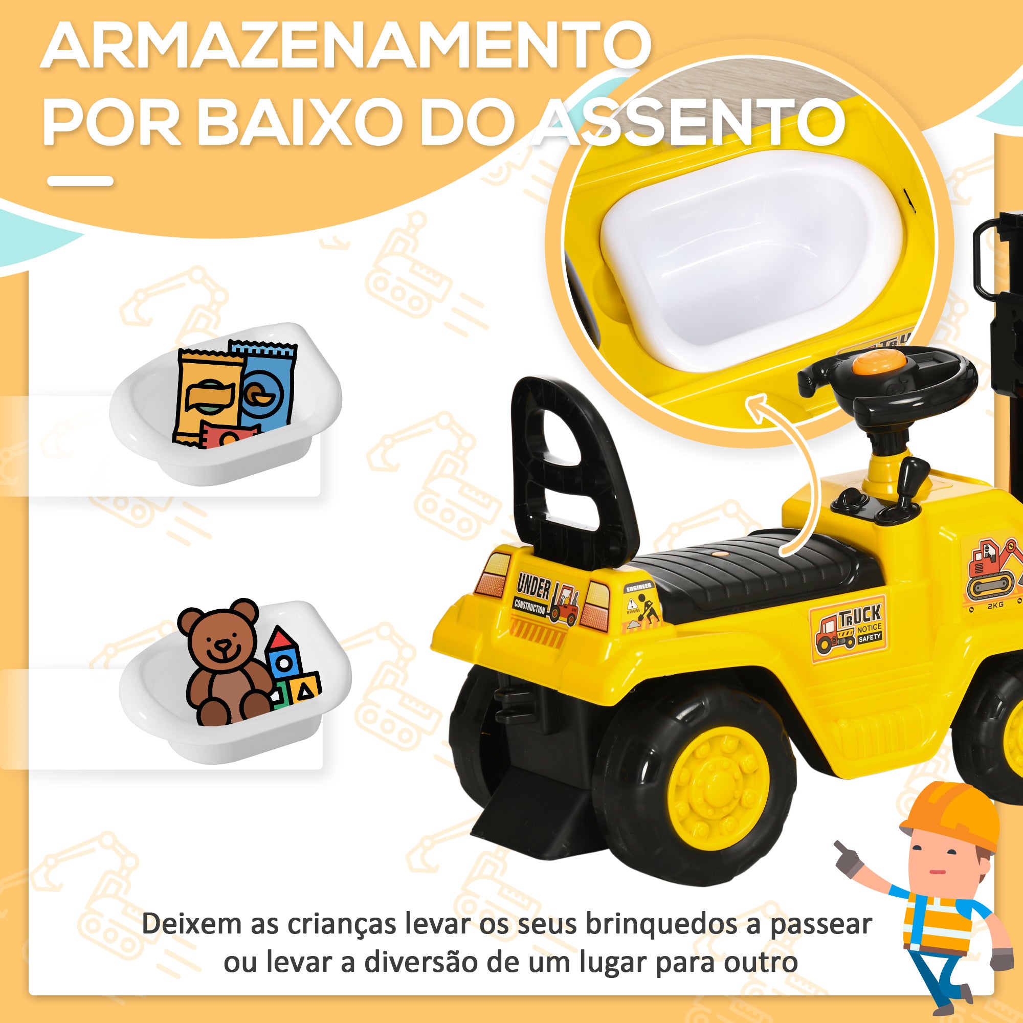 Carro Andador Infantil Amarelo 86x27,5x47,5cm para Crianças acima de 3 Anos
