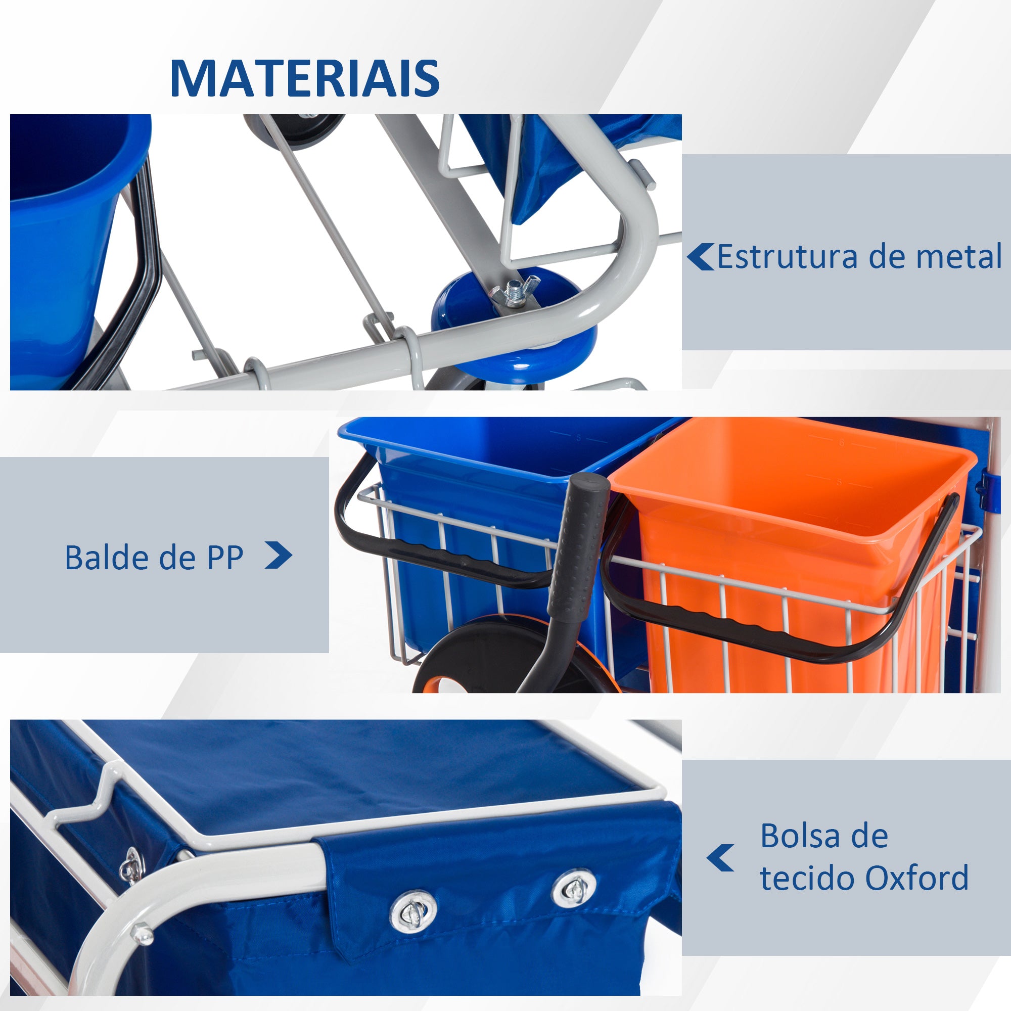 Carrinho de Limpeza Profissional – 93x80x97 cm – Azul e Laranja – Ferro, PP e tecido Oxford