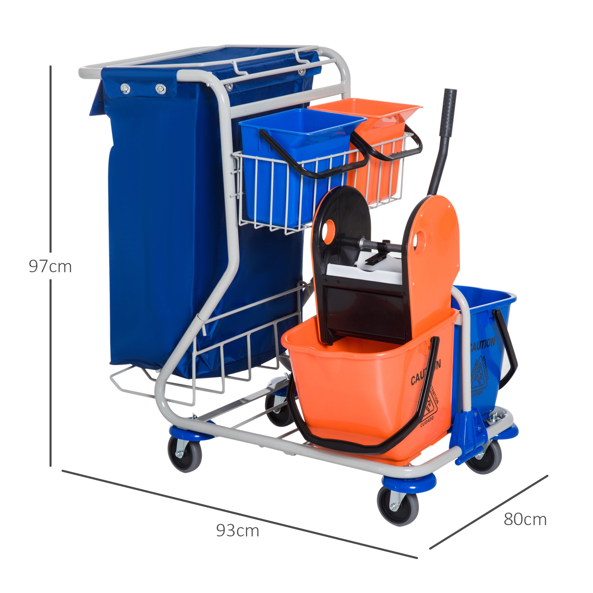 Carrinho de Limpeza Profissional – 93x80x97 cm – Azul e Laranja – Ferro, PP e tecido Oxford
