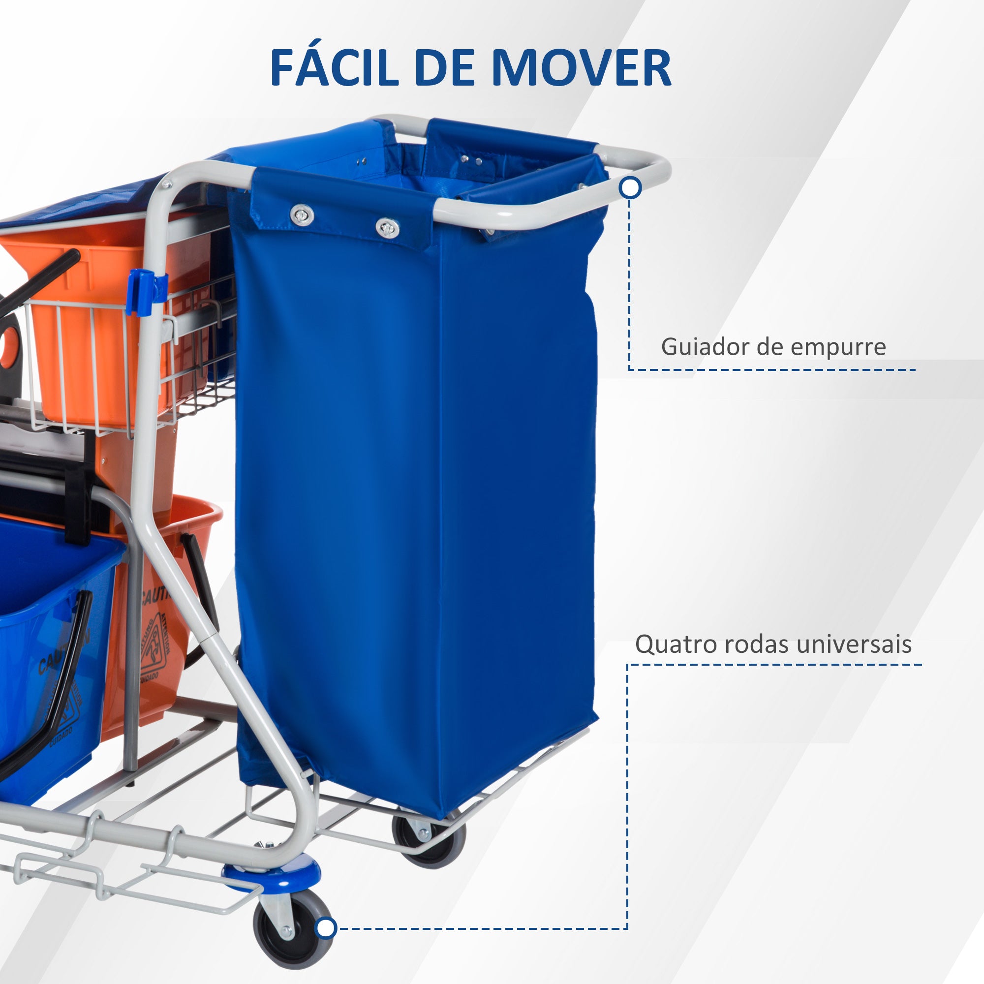 Carrinho de Limpeza Profissional – 93x80x97 cm – Azul e Laranja – Ferro, PP e tecido Oxford