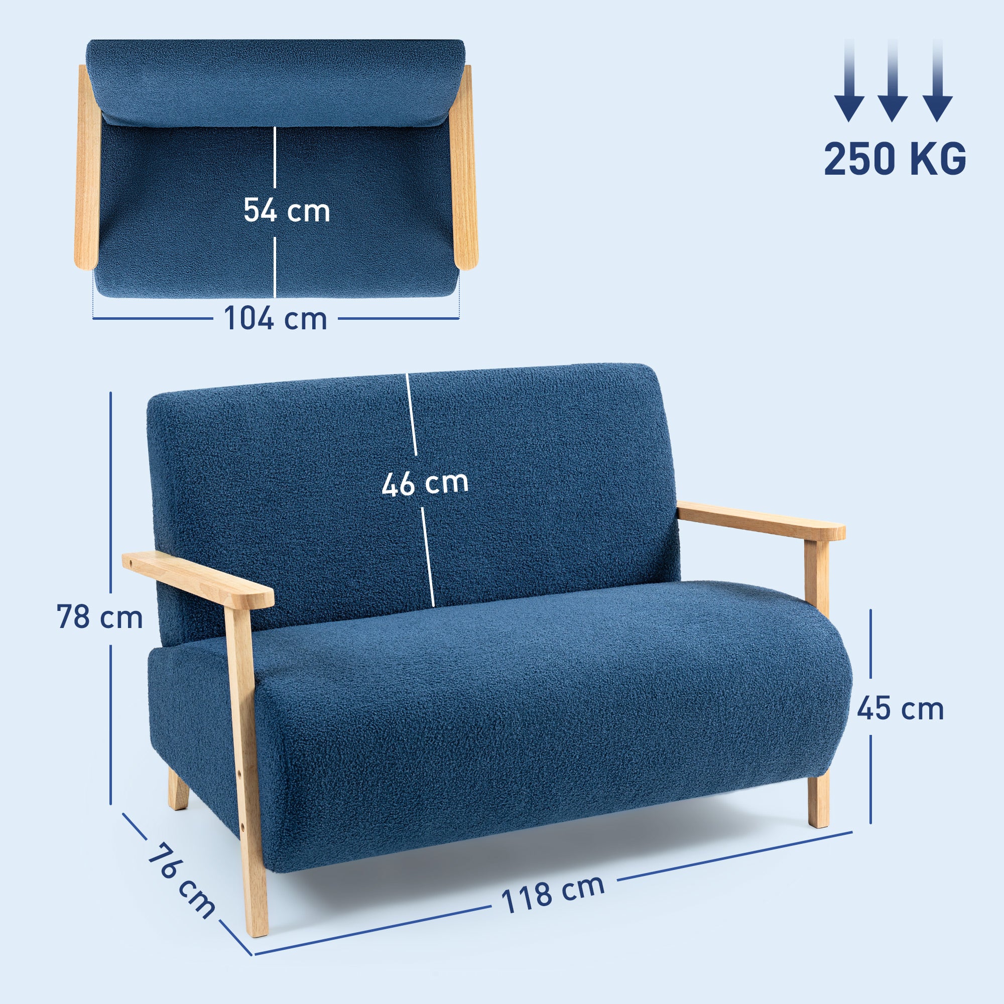 Sofá de 2 Lugares Estofado em Borreguito - 118x76x78 cm - Azul