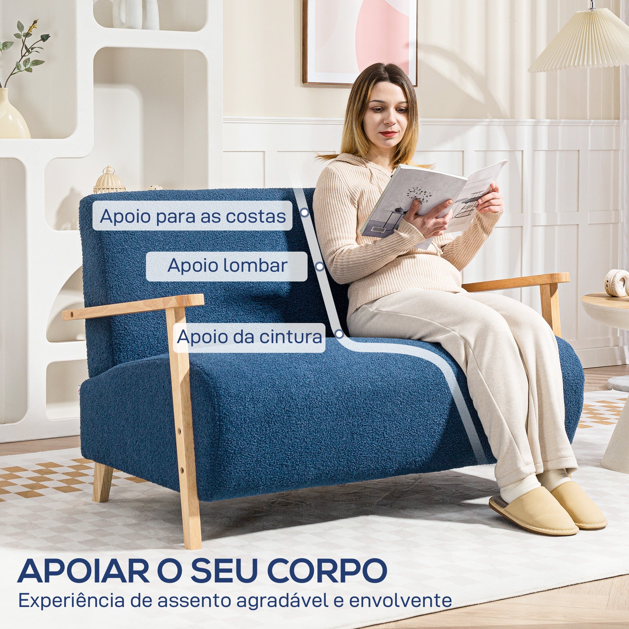Sofá de 2 Lugares Estofado em Borreguito - 118x76x78 cm - Azul