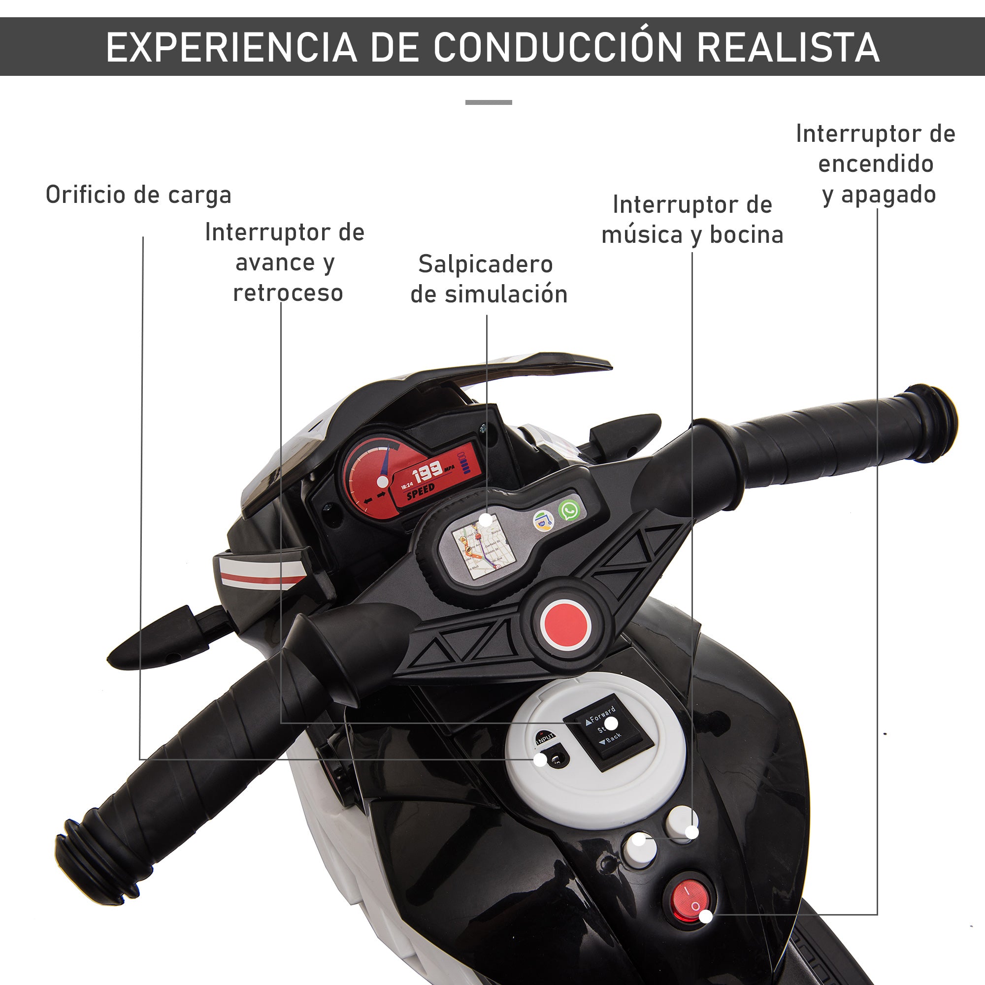 Triciclo Infantil Elétrico com 3 Rodas 86x42x52cm - Preto e Branco