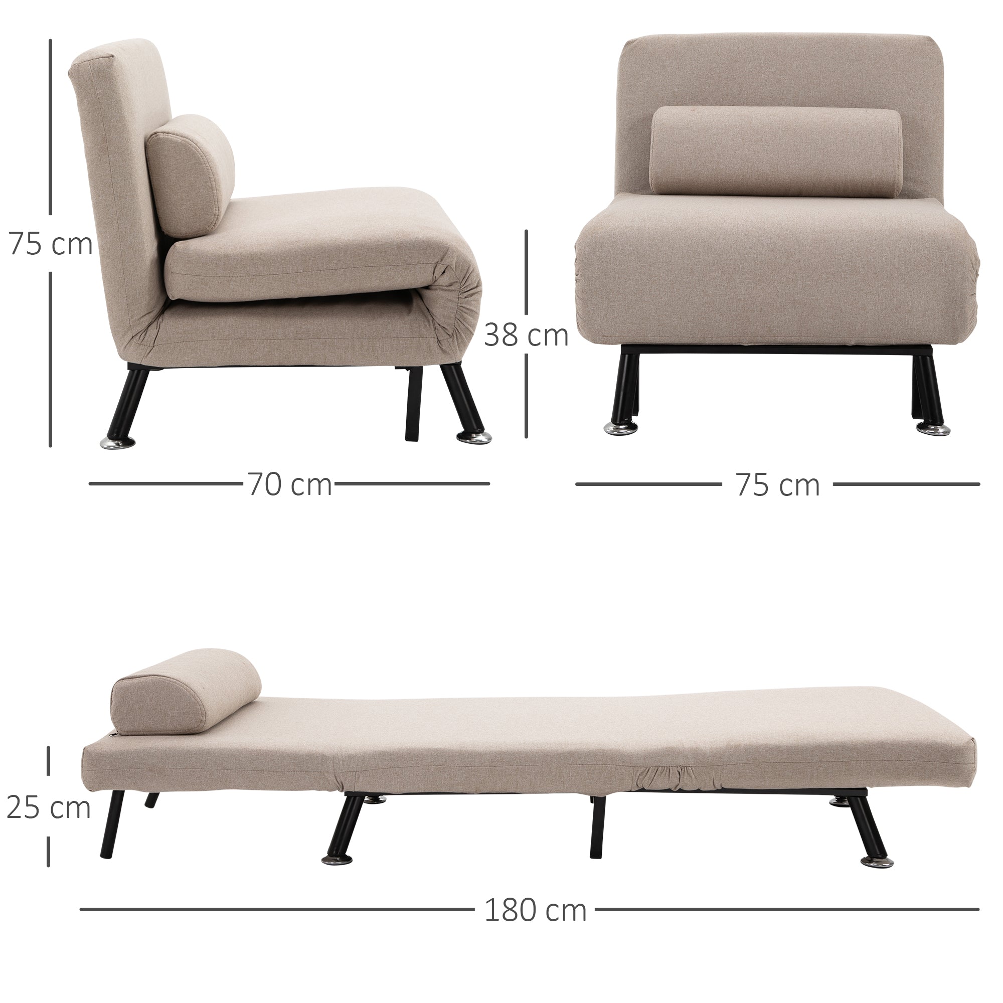 Sofá Cama Individual Reclinável 75x70x75 cm Bege