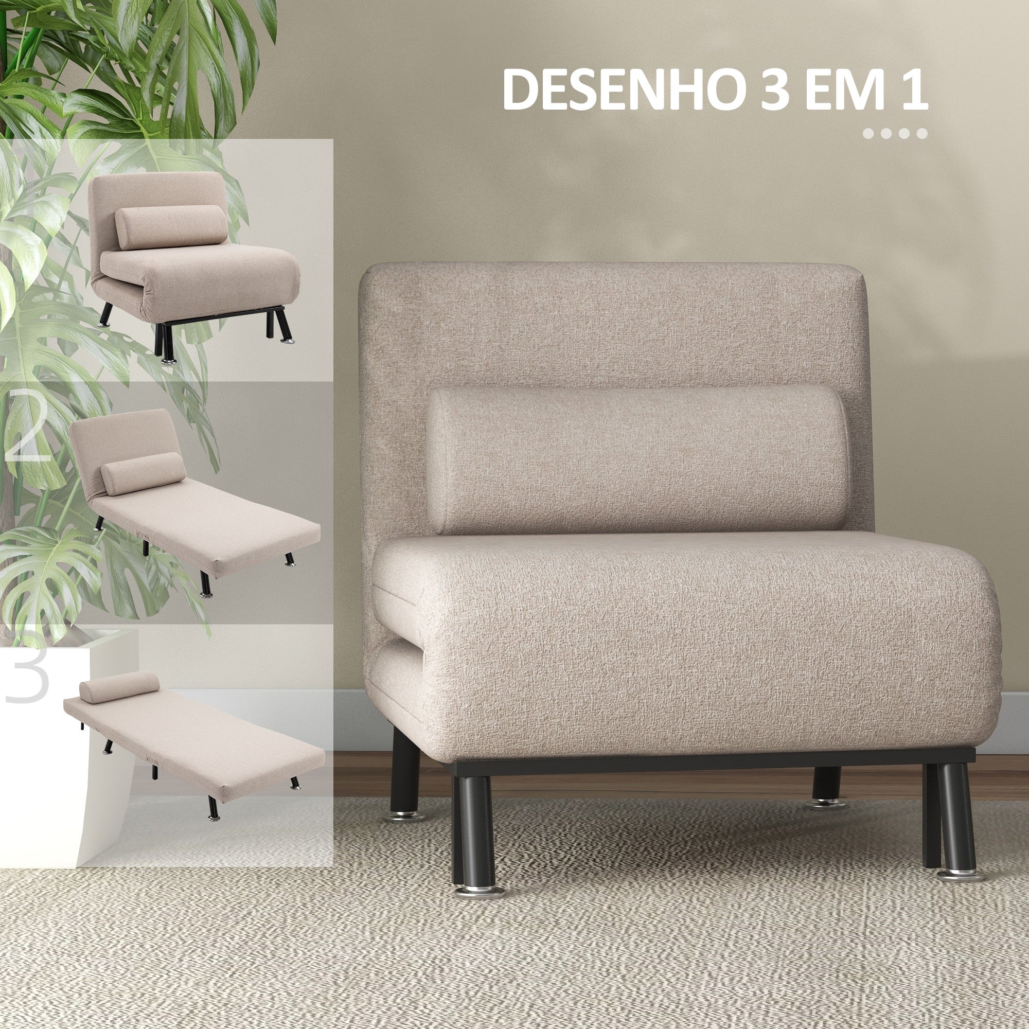 Sofá Cama Individual Reclinável 75x70x75 cm Bege