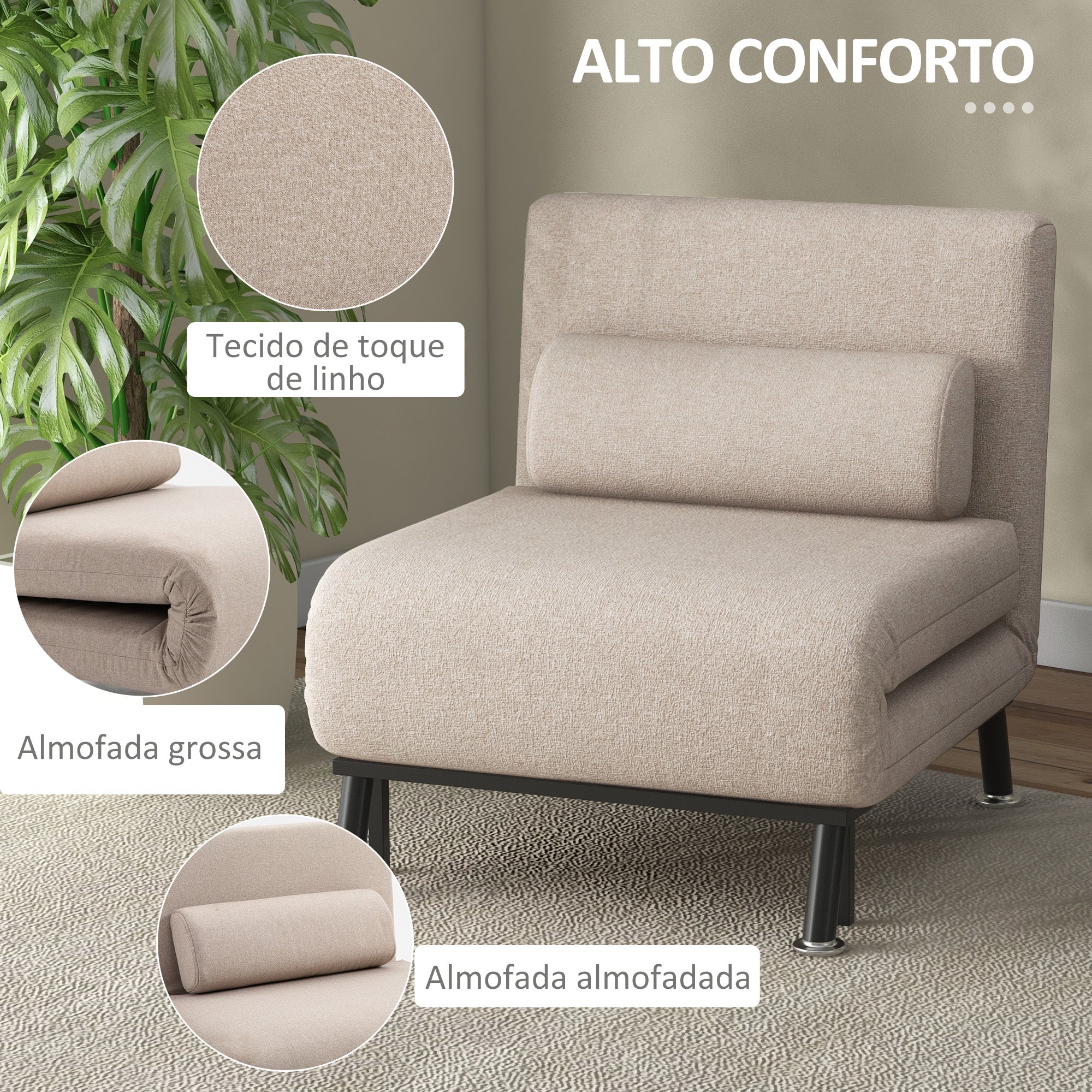 Sofá Cama Individual Reclinável 75x70x75 cm Bege