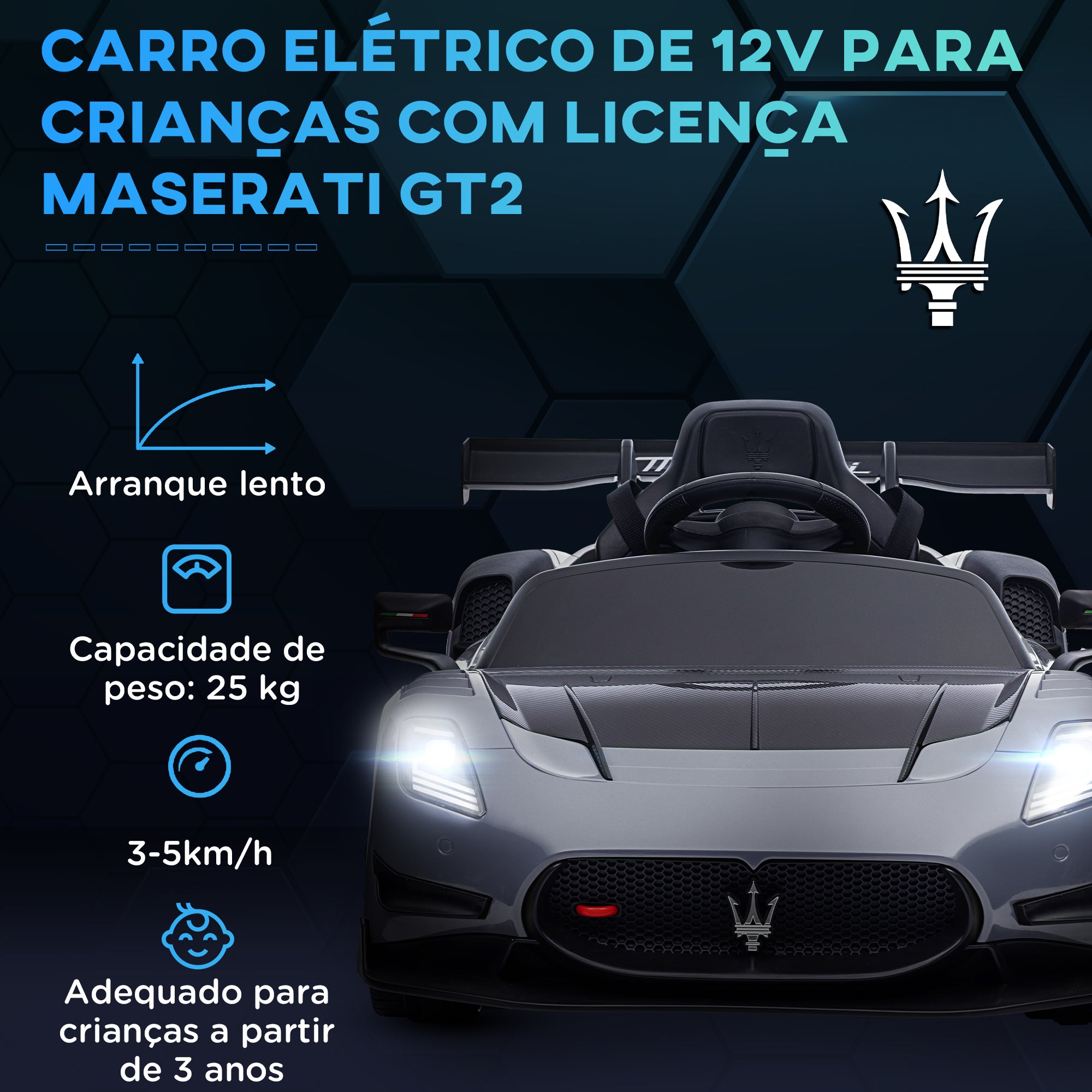Carro Elétrico Infantil Cinzento 115x60x45 cm Maserati GT2
