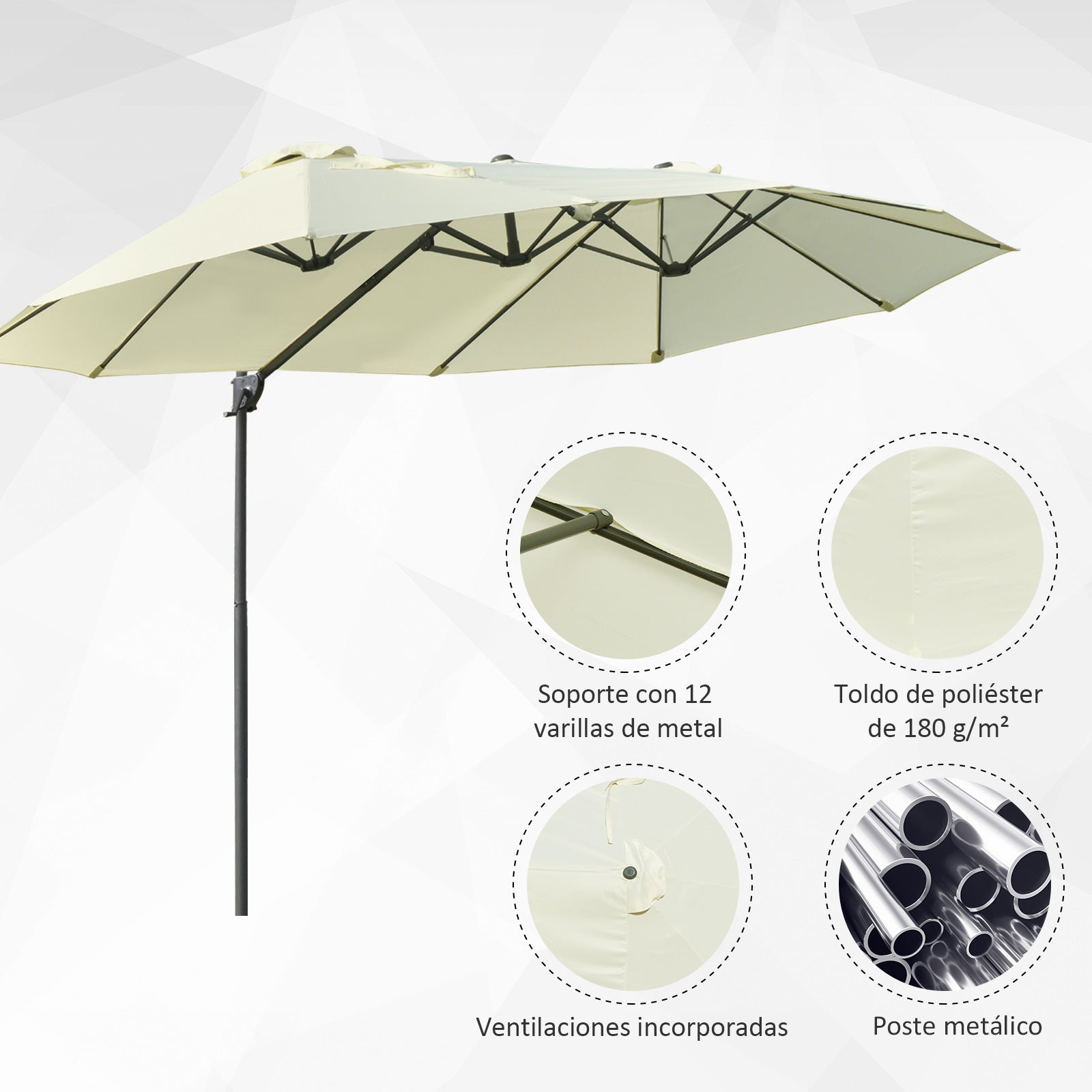 Chapéu de Sol Duplo – 270x440x250 cm – Bege – Metal e Poliester