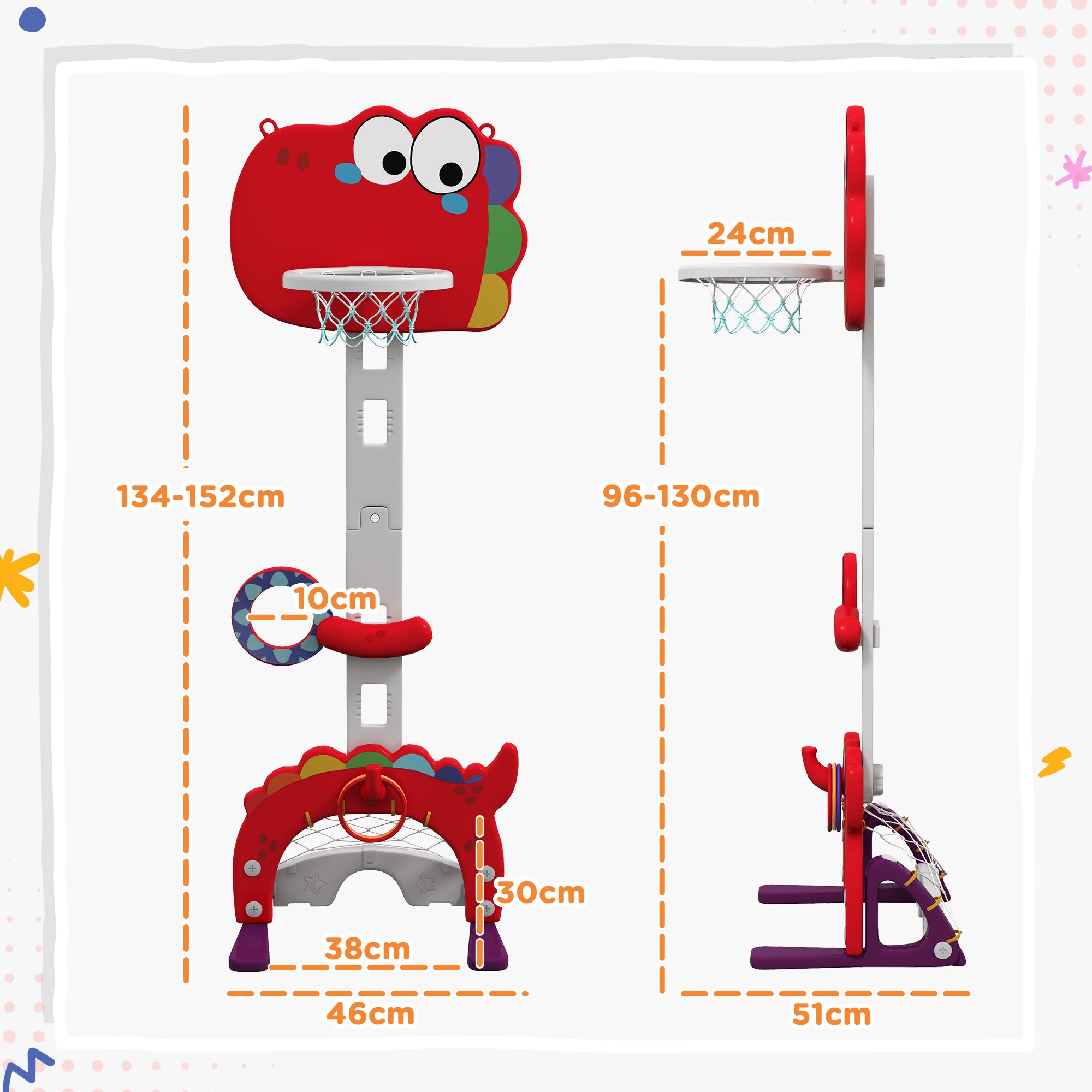 Tabela de Basquetebol Infantil 5 em 1 - Vermelho - 46x51x134-152 cm