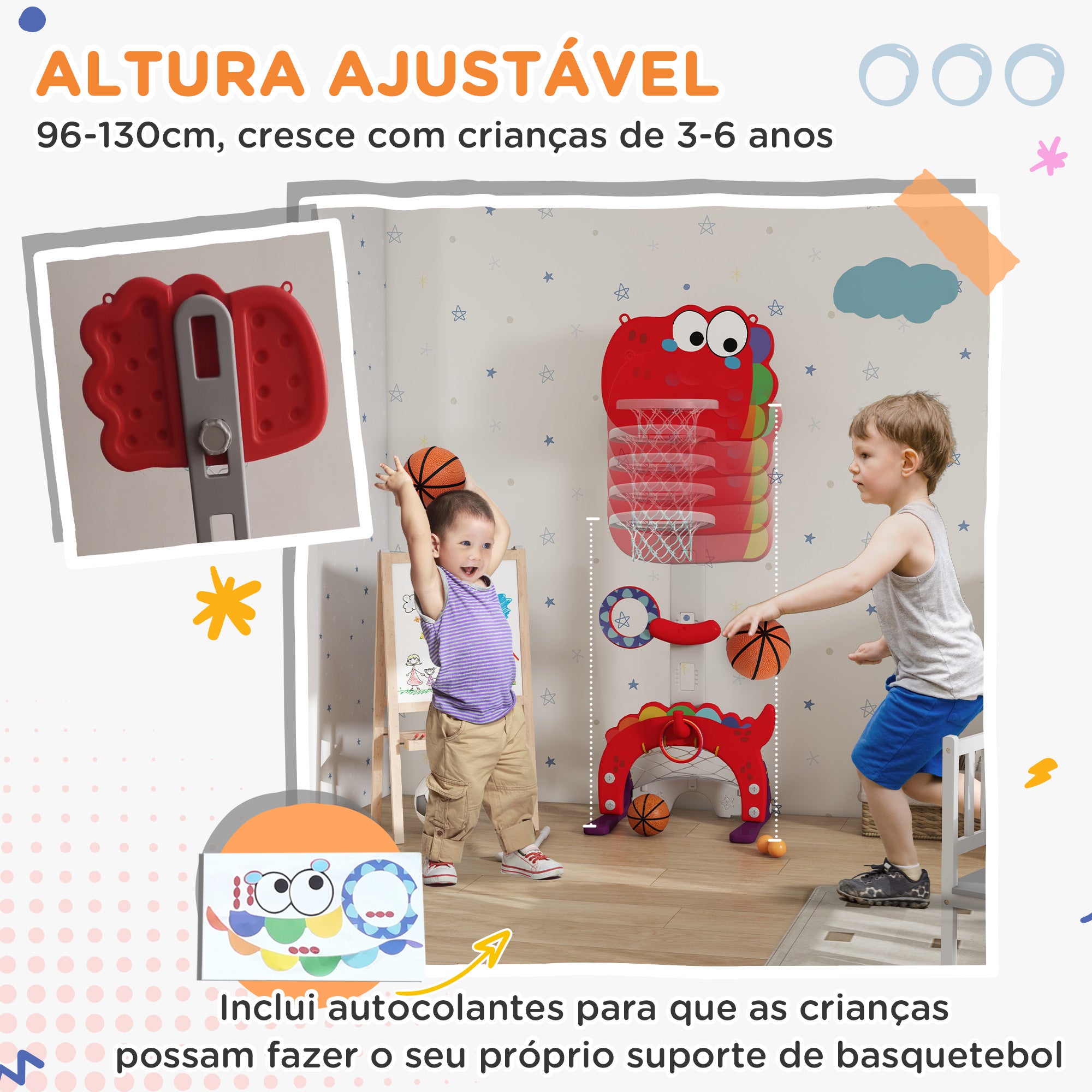 Tabela de Basquetebol Infantil 5 em 1 - Vermelho - 46x51x134-152 cm